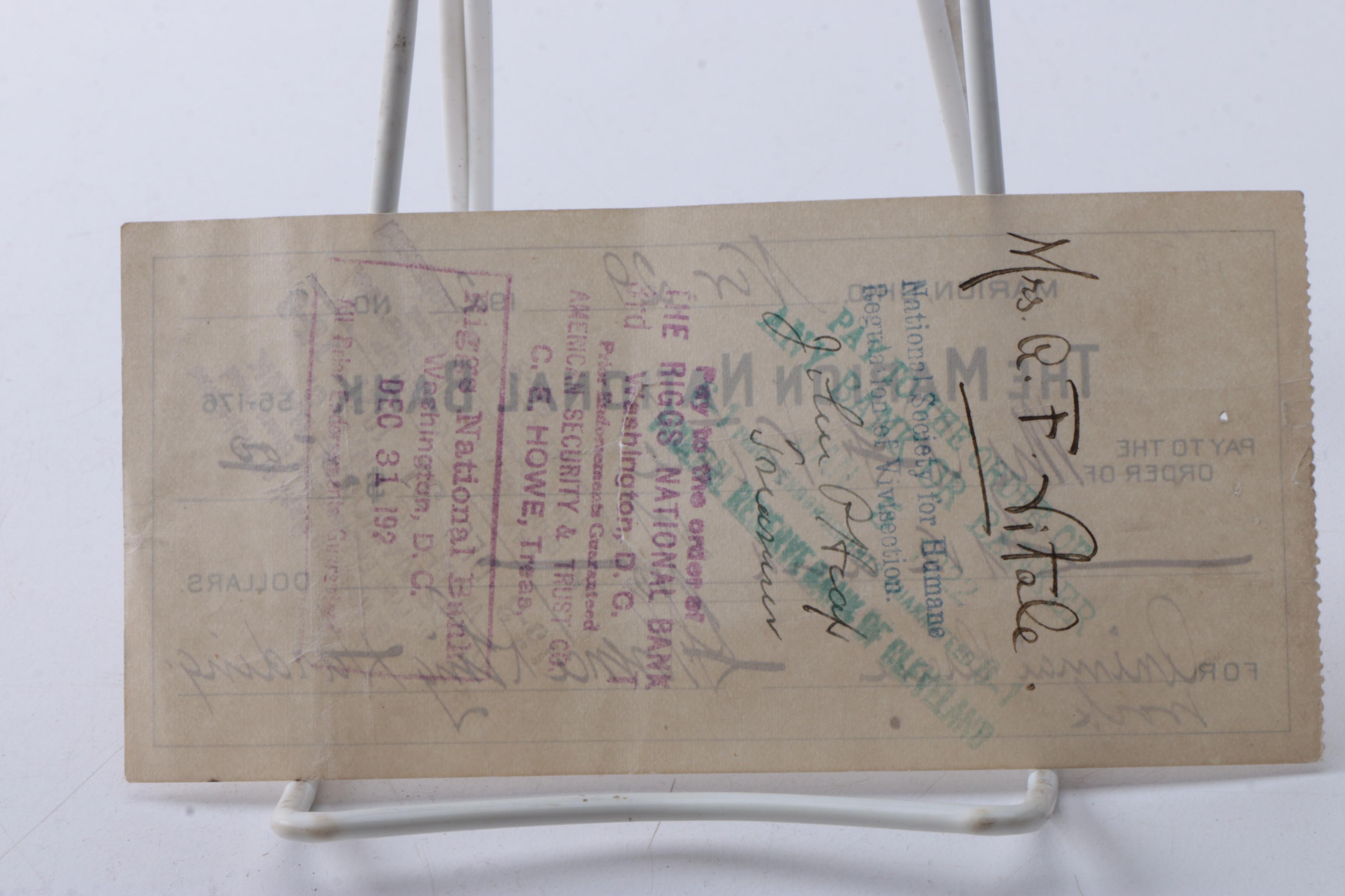 1921 Signed Florence Harding Marion National Bank Check