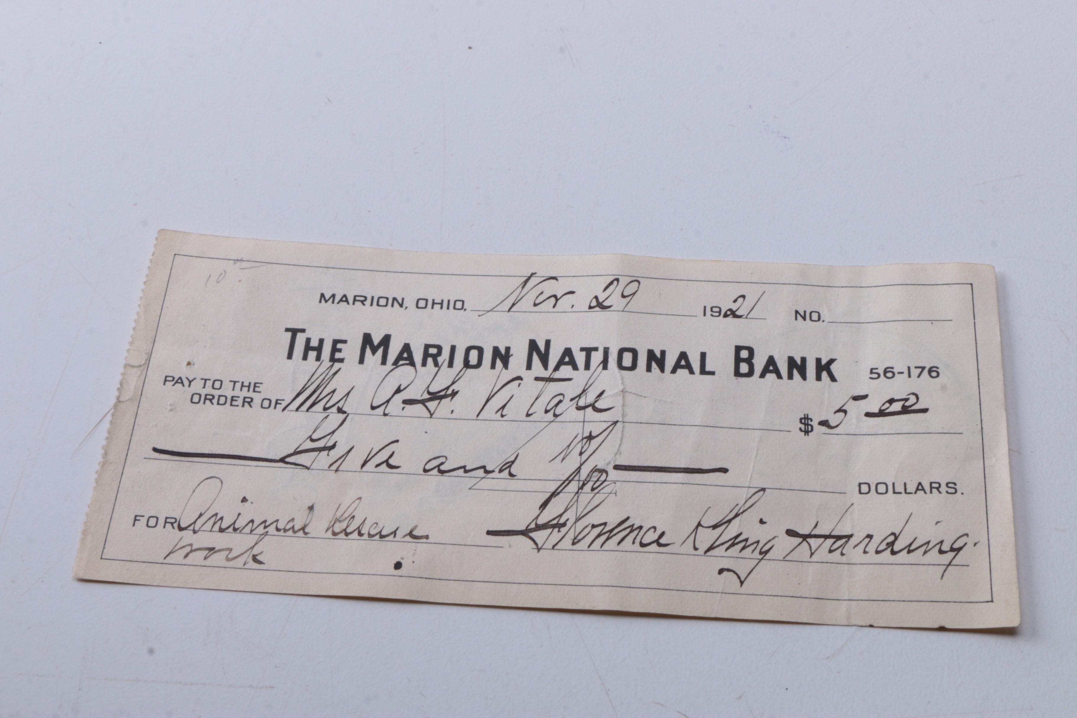 1921 Signed Florence Harding Marion National Bank Check