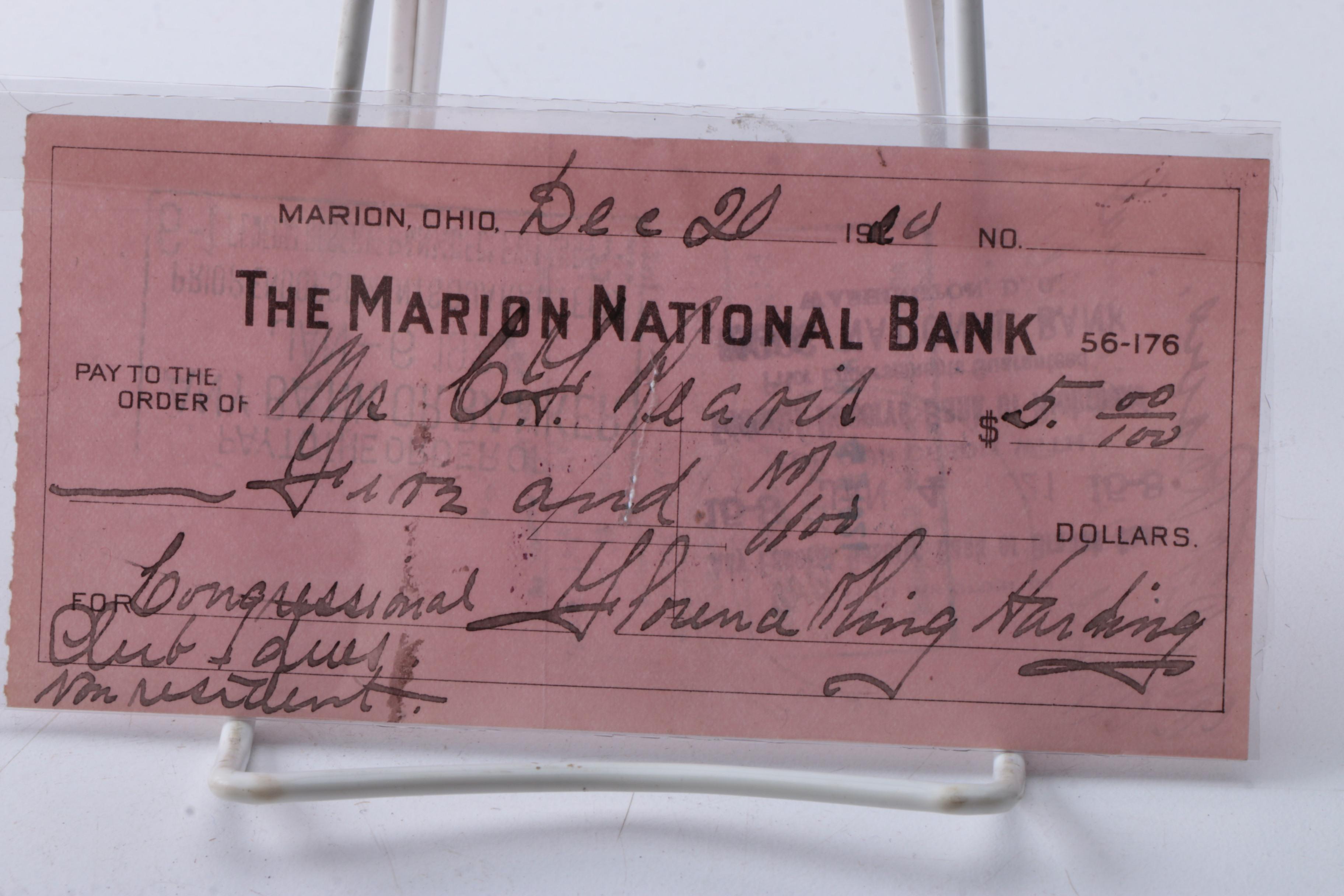 1920 Signed Florence Harding Marion National Bank Check