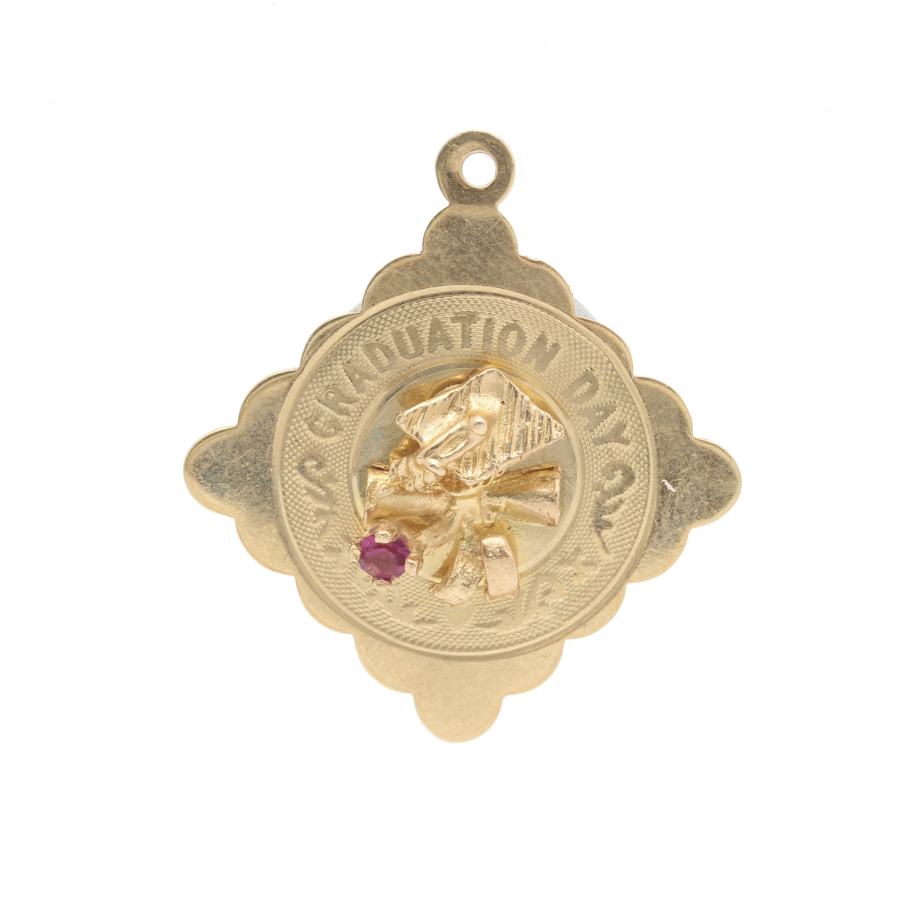 14K Yellow Gold Red Glass Graduation Day Charm