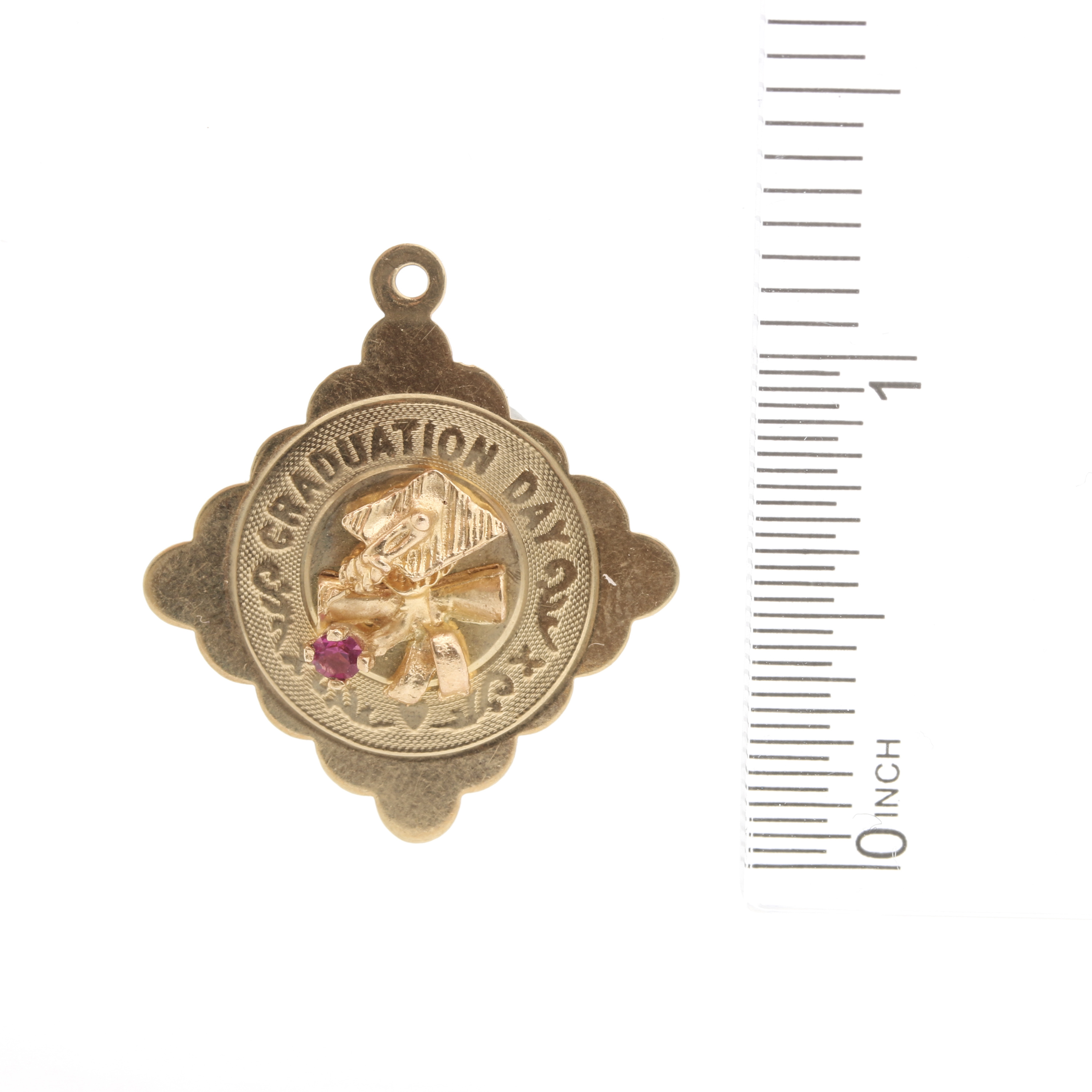 14K Yellow Gold Red Glass Graduation Day Charm
