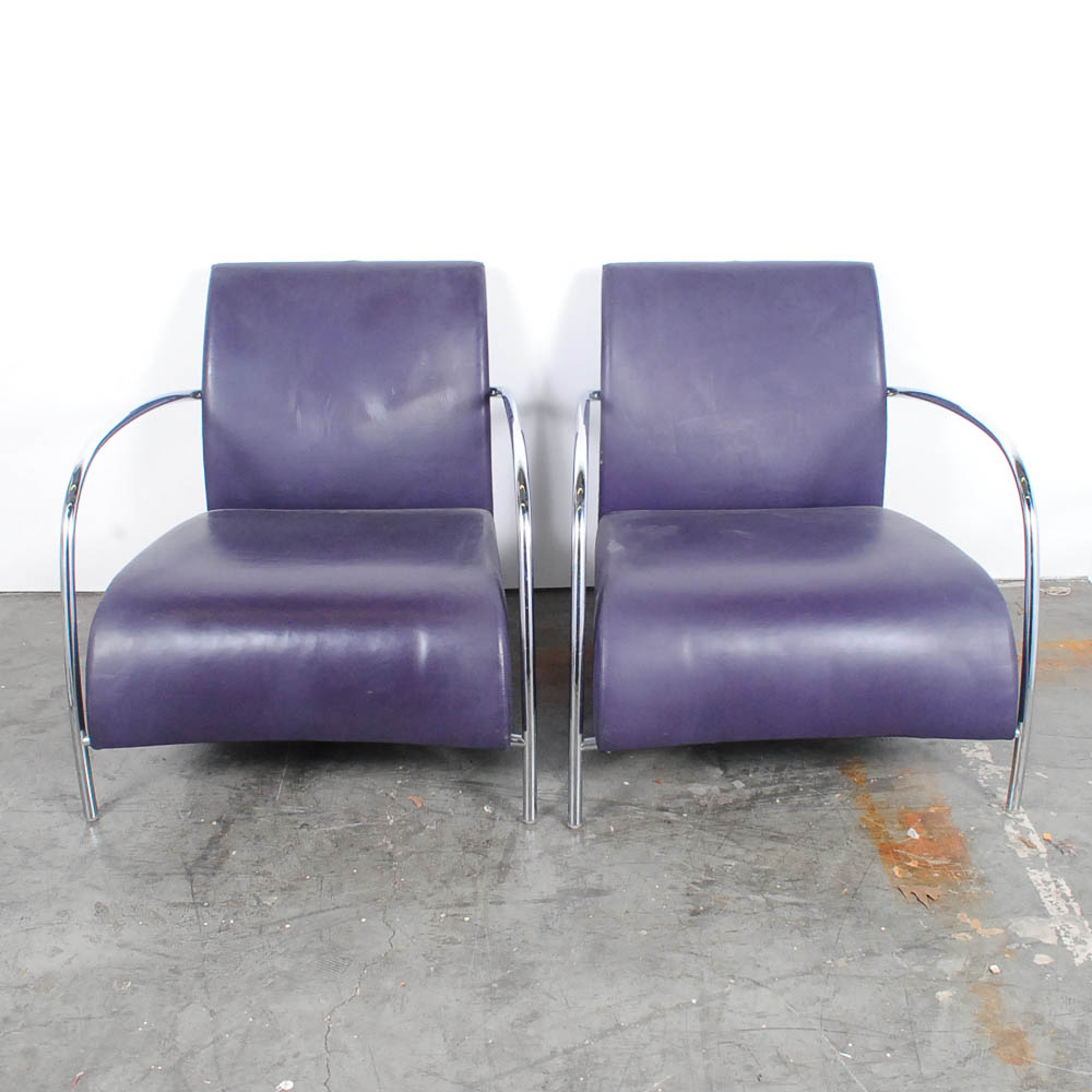 Pair of Modern Faux Purple Leather and Chrome Chairs