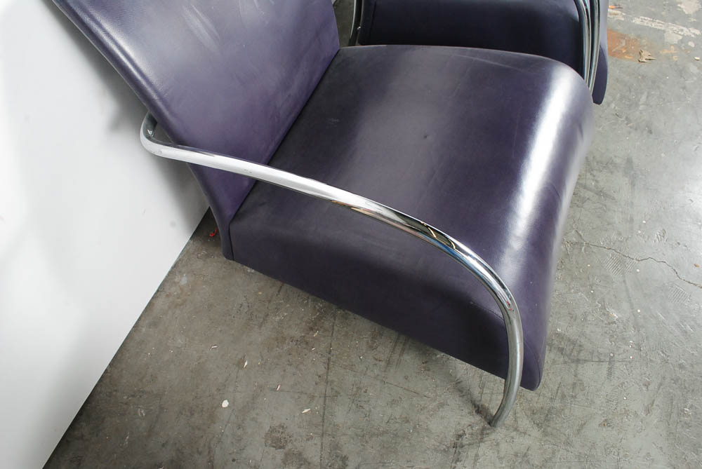 Pair of Modern Faux Purple Leather and Chrome Chairs