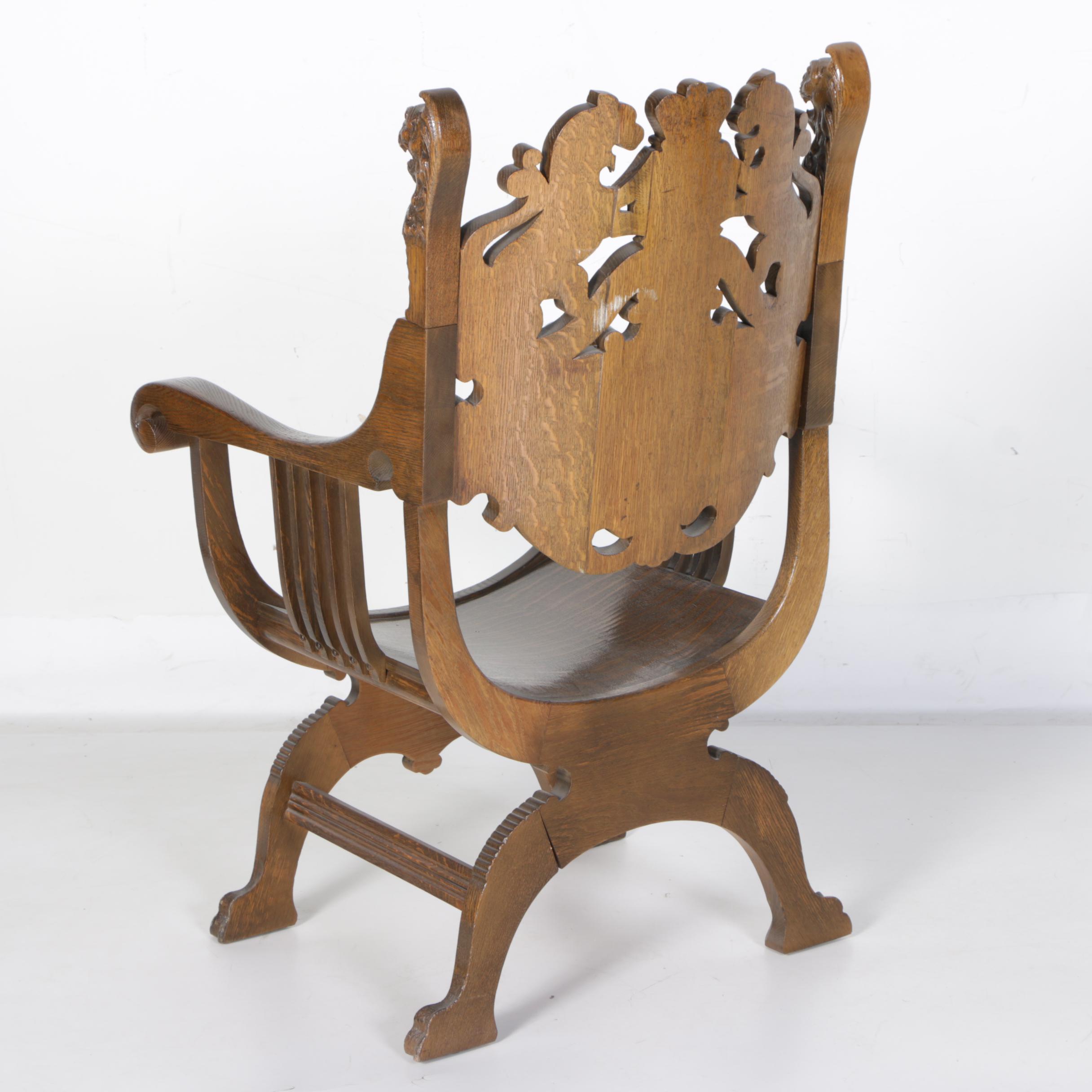 Antique Quarter Sawn Oak Curule Chair after R.J. Horner