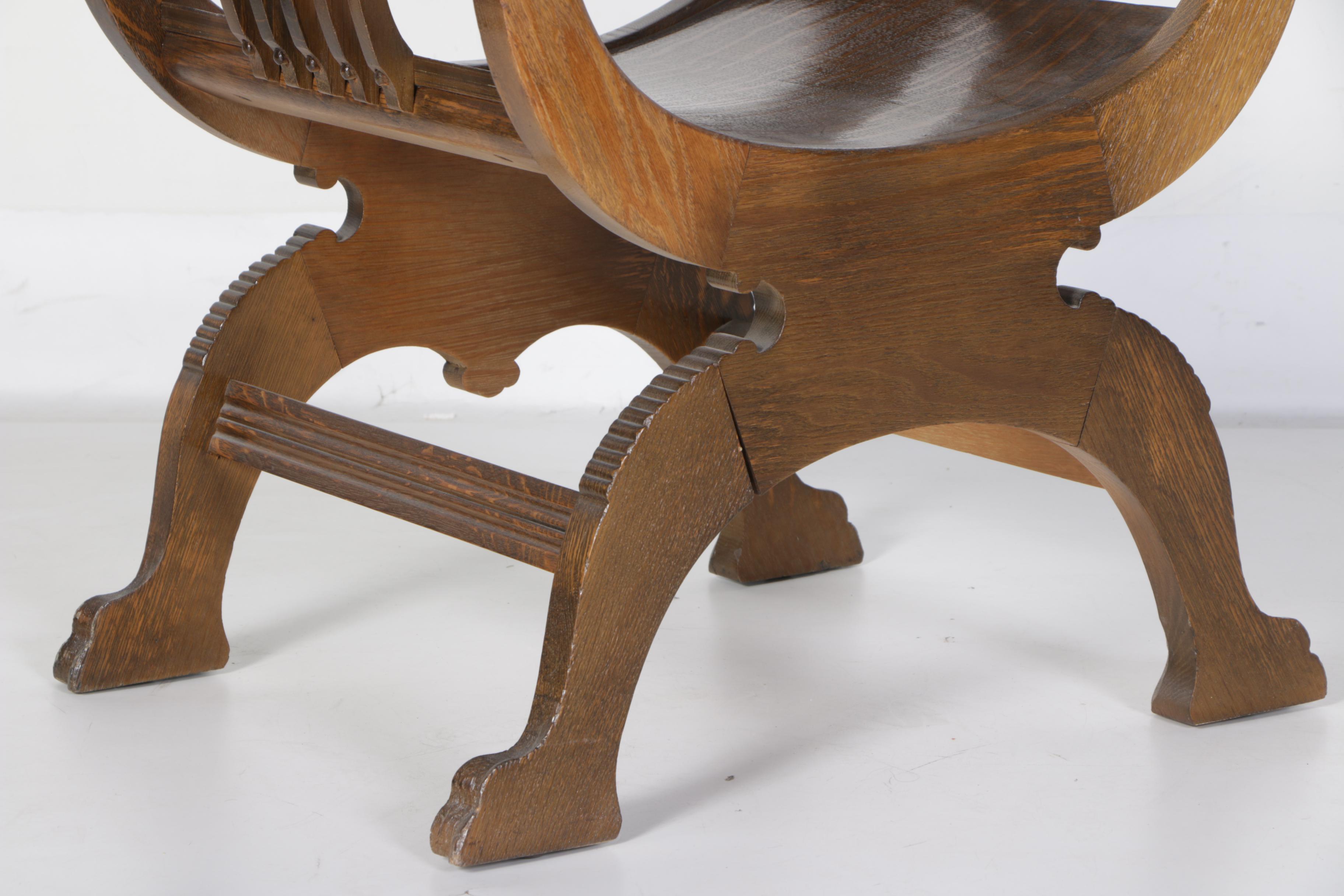 Antique Quarter Sawn Oak Curule Chair after R.J. Horner