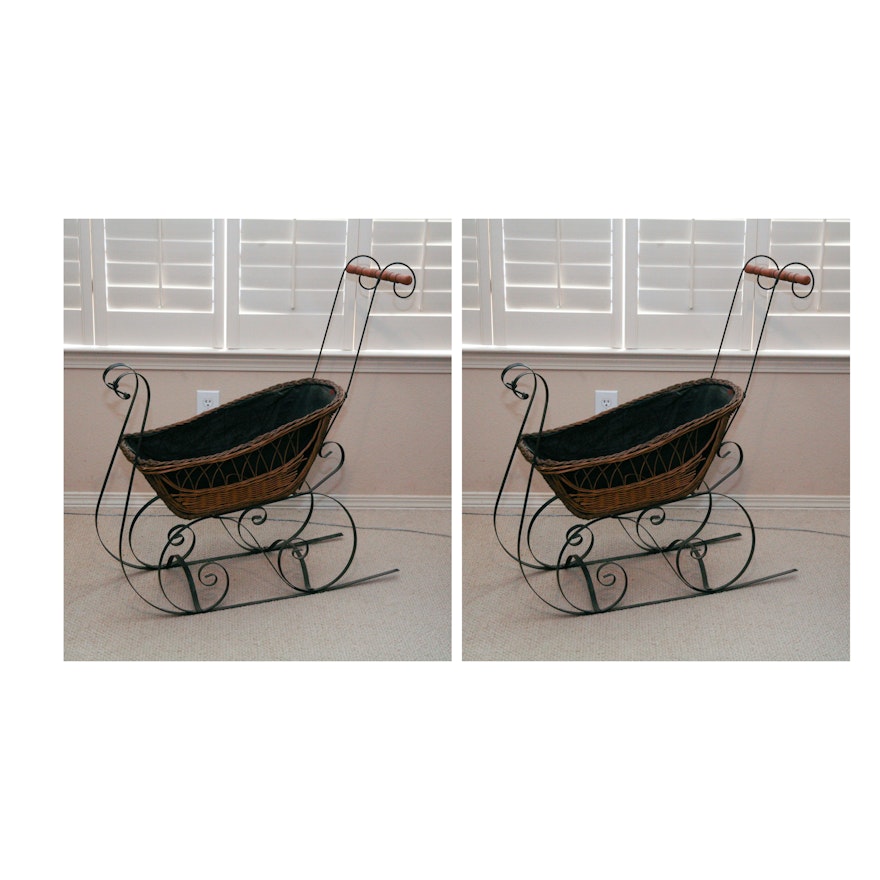 Pair of Baskets with Wrought Iron Sleigh Frame