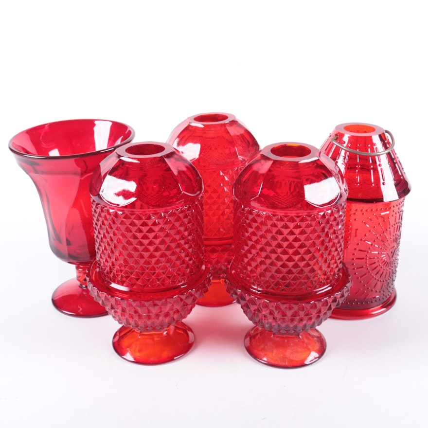 Assorted Colored Red Glass Candle Holders, Lantern, and Vase