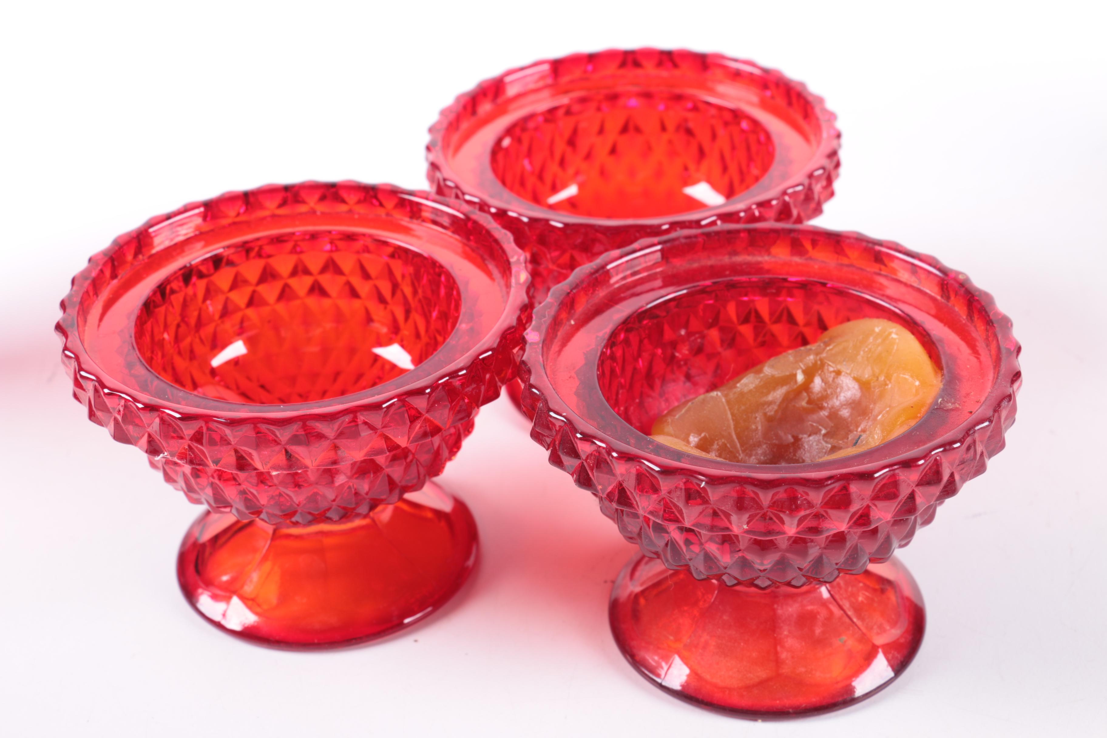 Assorted Colored Red Glass Candle Holders, Lantern, and Vase