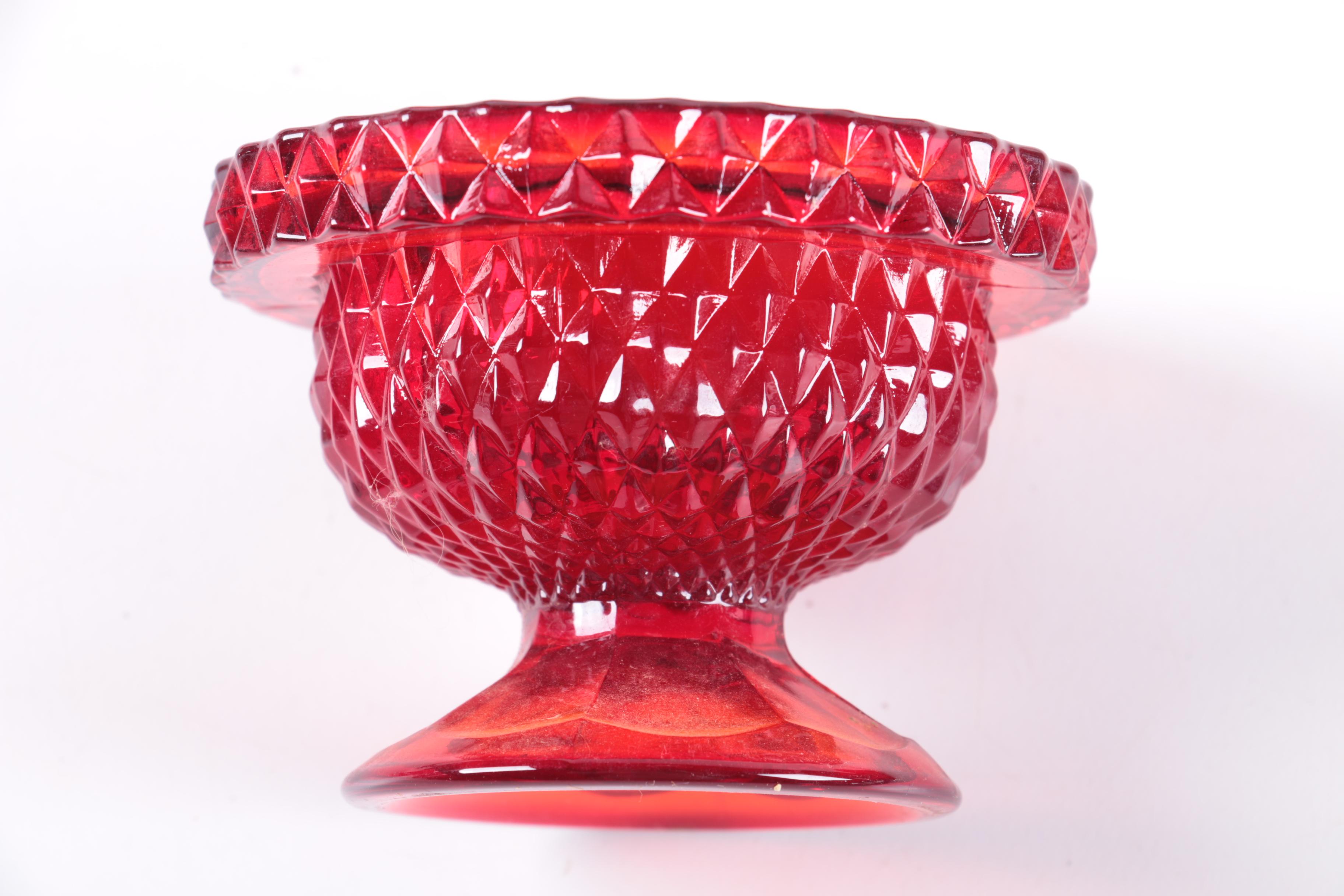 Assorted Colored Red Glass Candle Holders, Lantern, and Vase