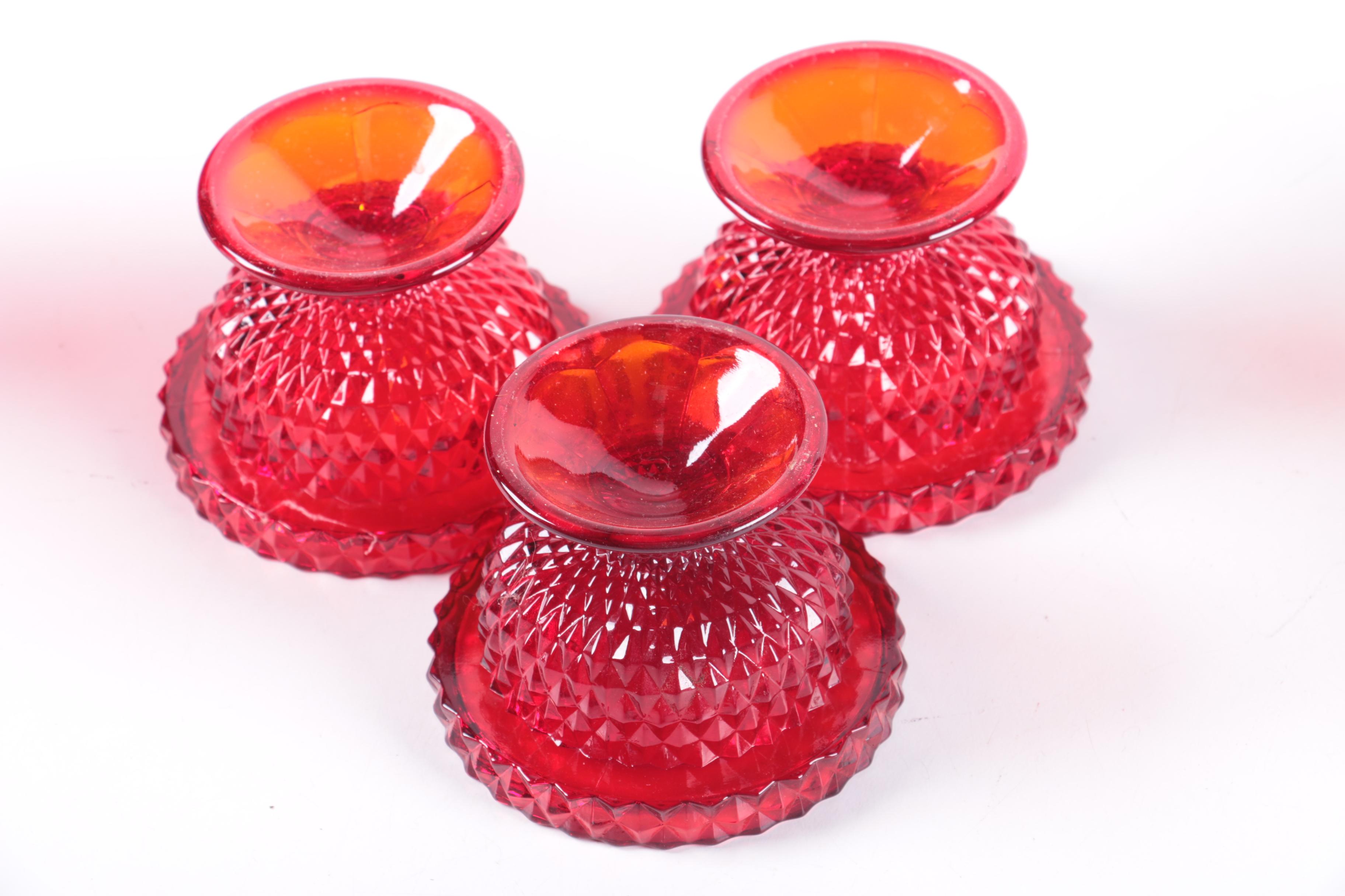 Assorted Colored Red Glass Candle Holders, Lantern, and Vase