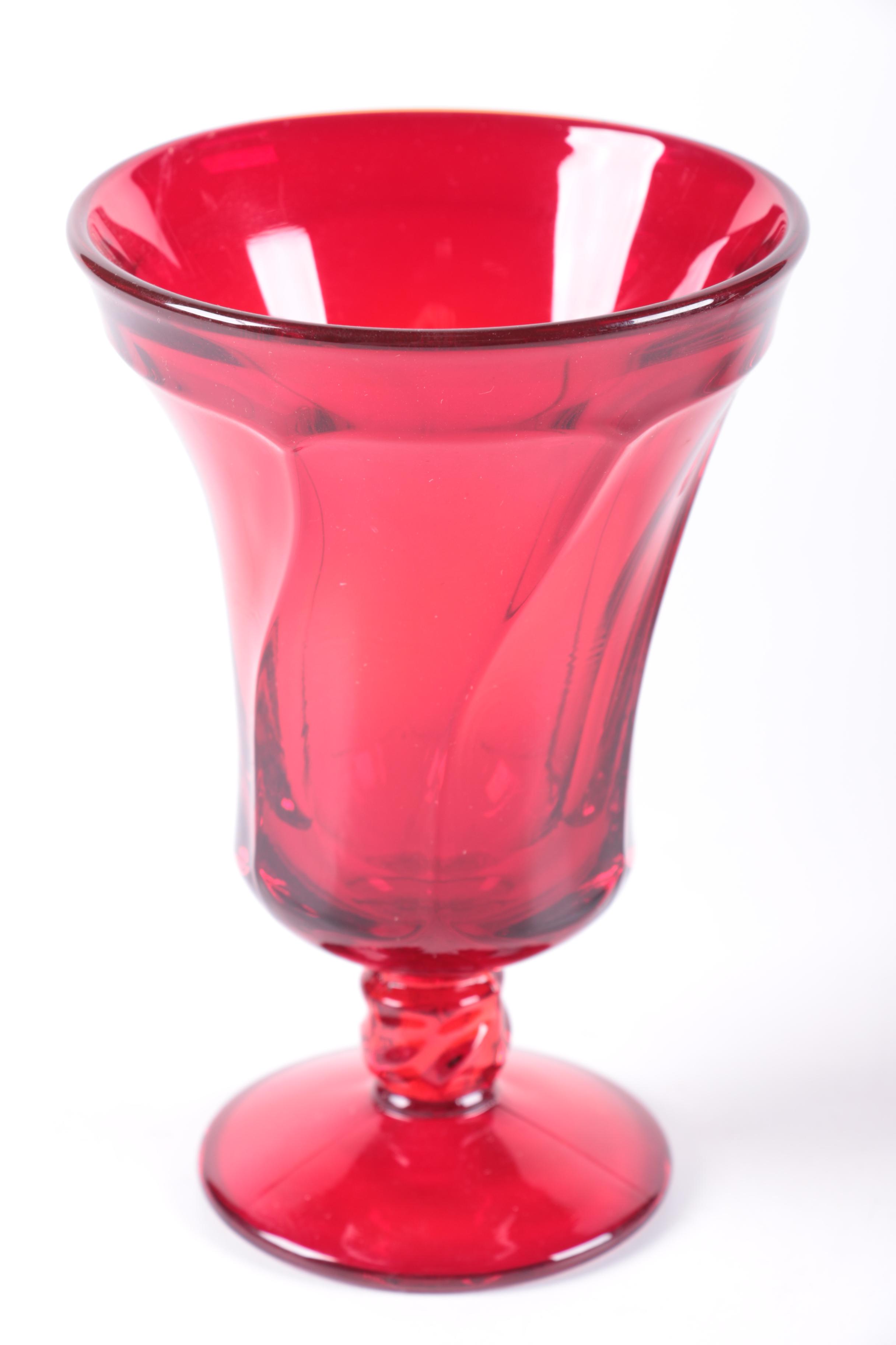 Assorted Colored Red Glass Candle Holders, Lantern, and Vase