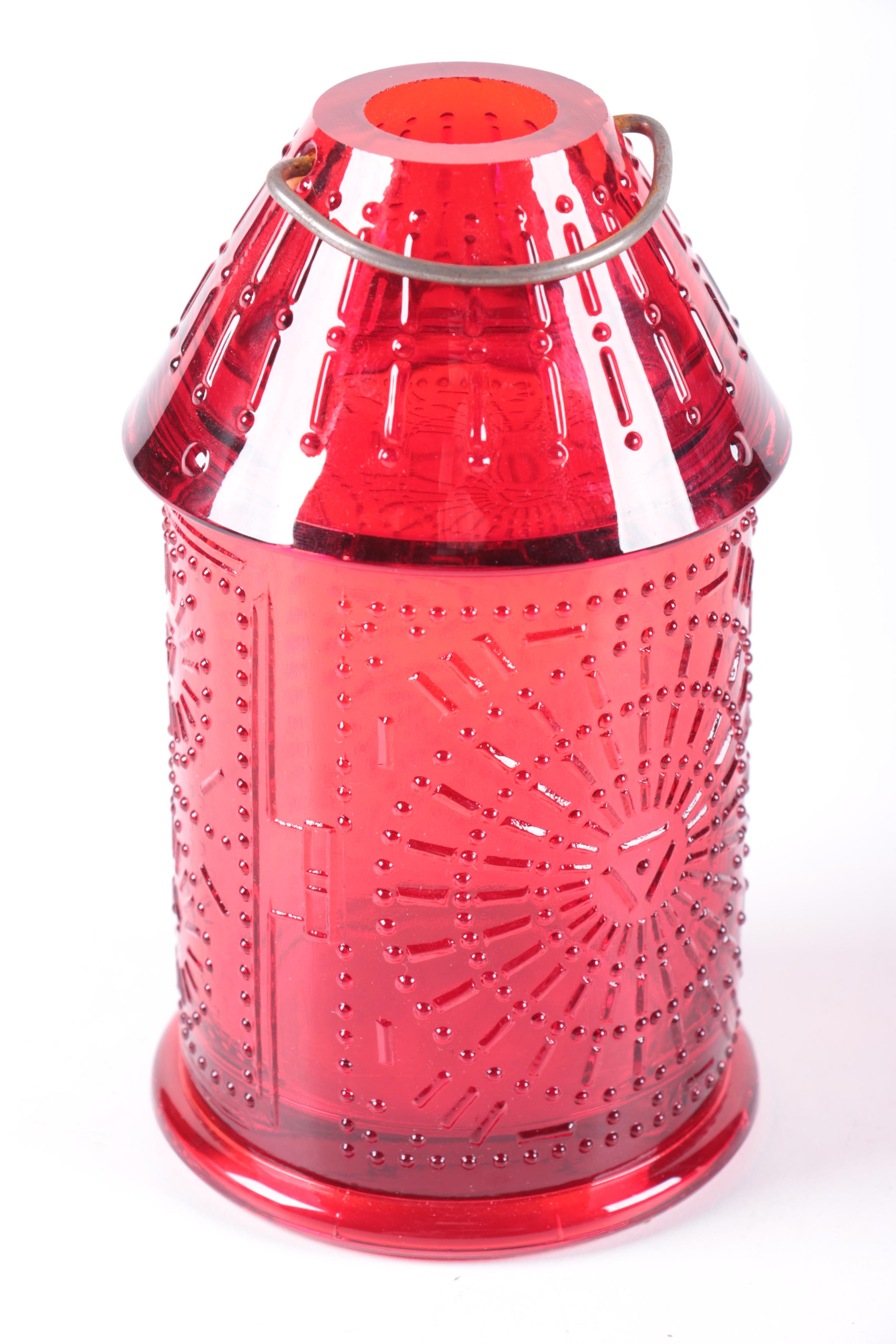 Assorted Colored Red Glass Candle Holders, Lantern, and Vase