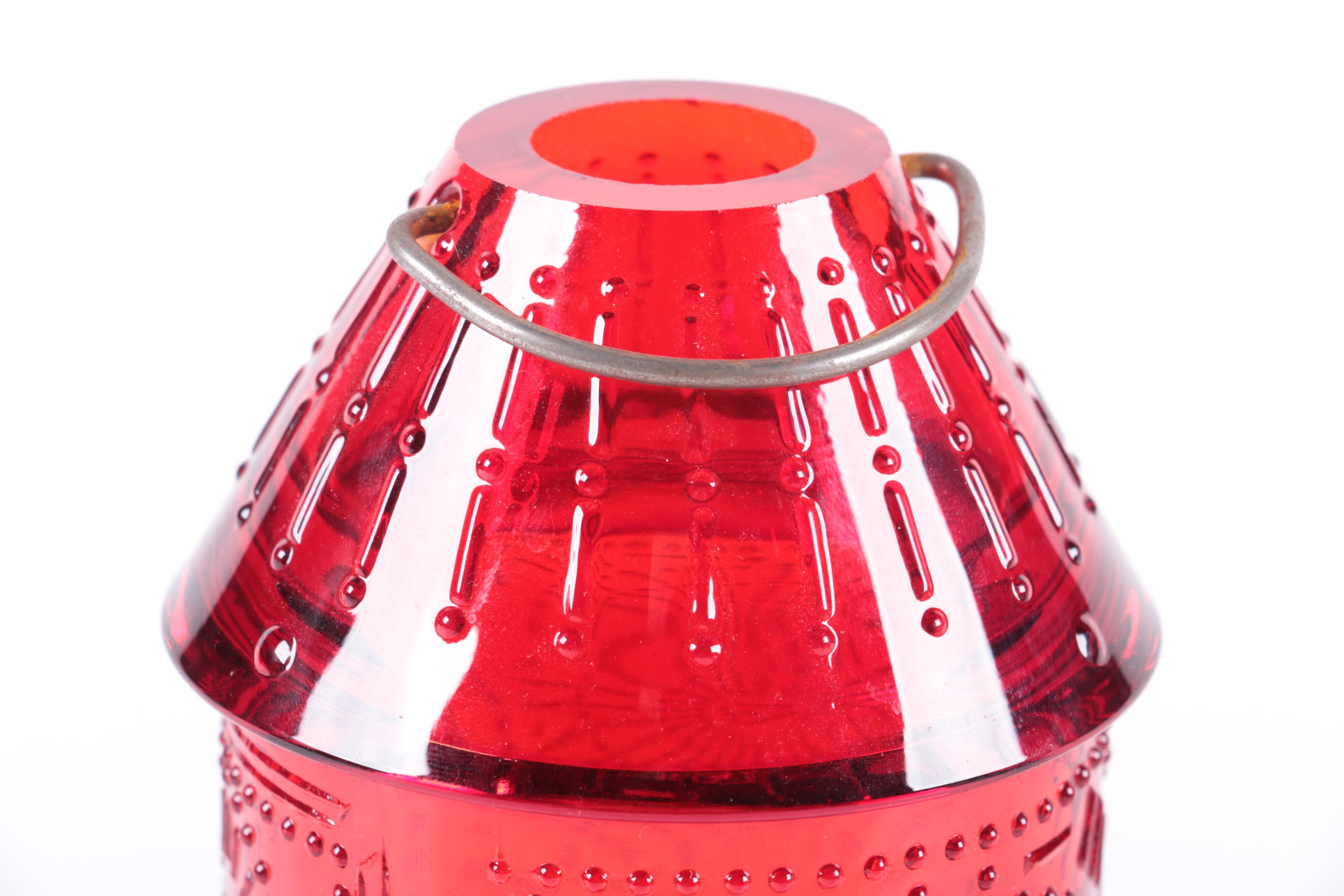Assorted Colored Red Glass Candle Holders, Lantern, and Vase