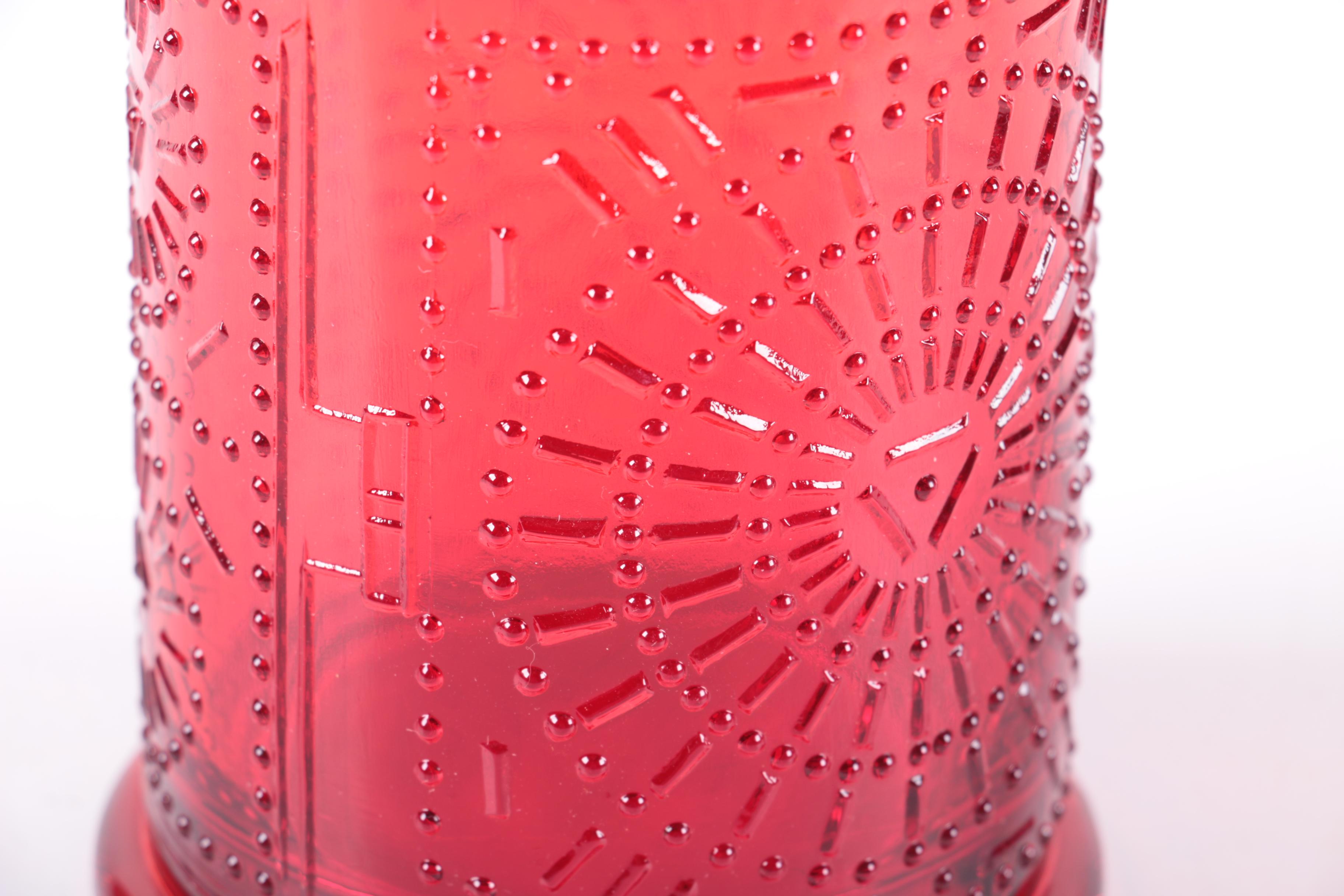 Assorted Colored Red Glass Candle Holders, Lantern, and Vase