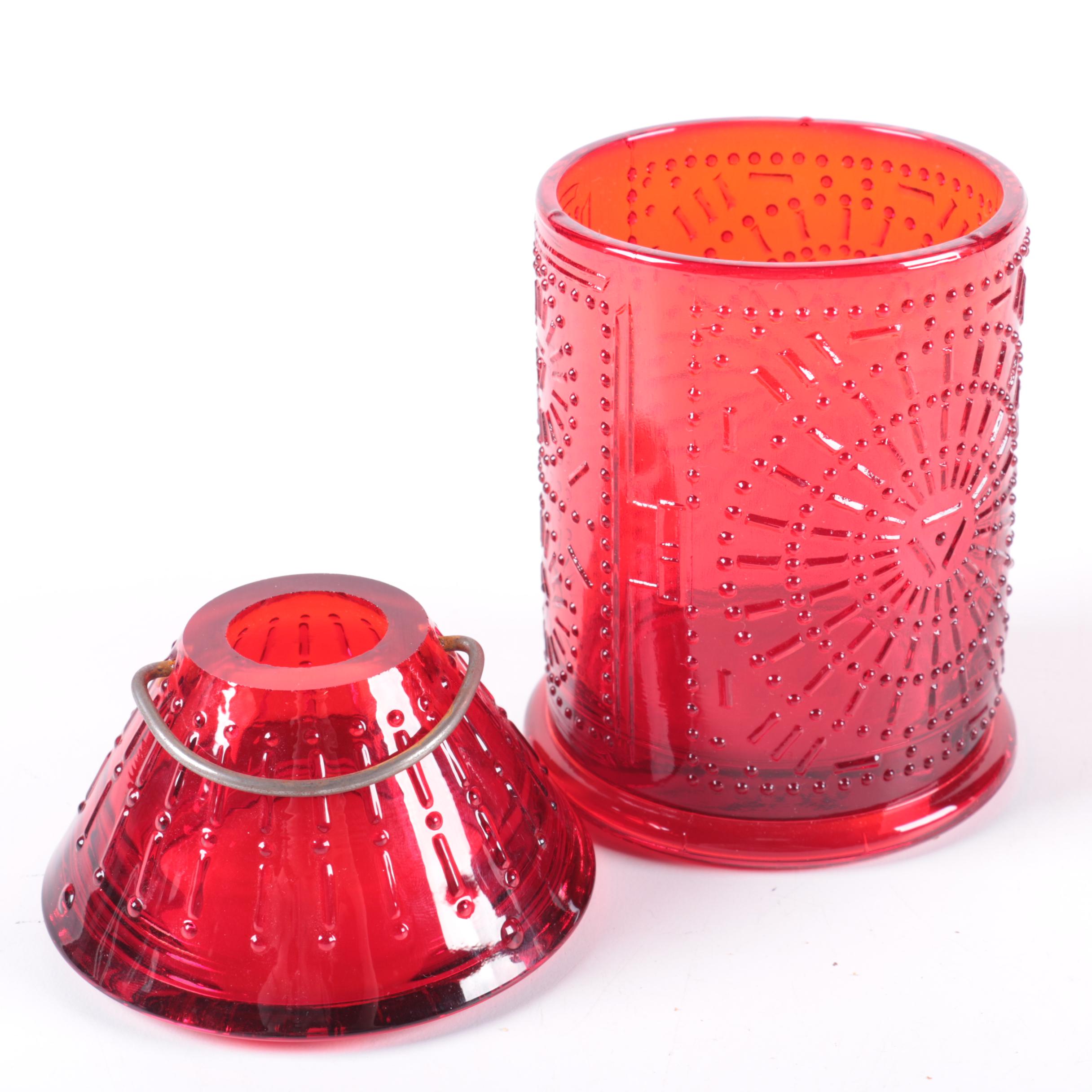 Assorted Colored Red Glass Candle Holders, Lantern, and Vase