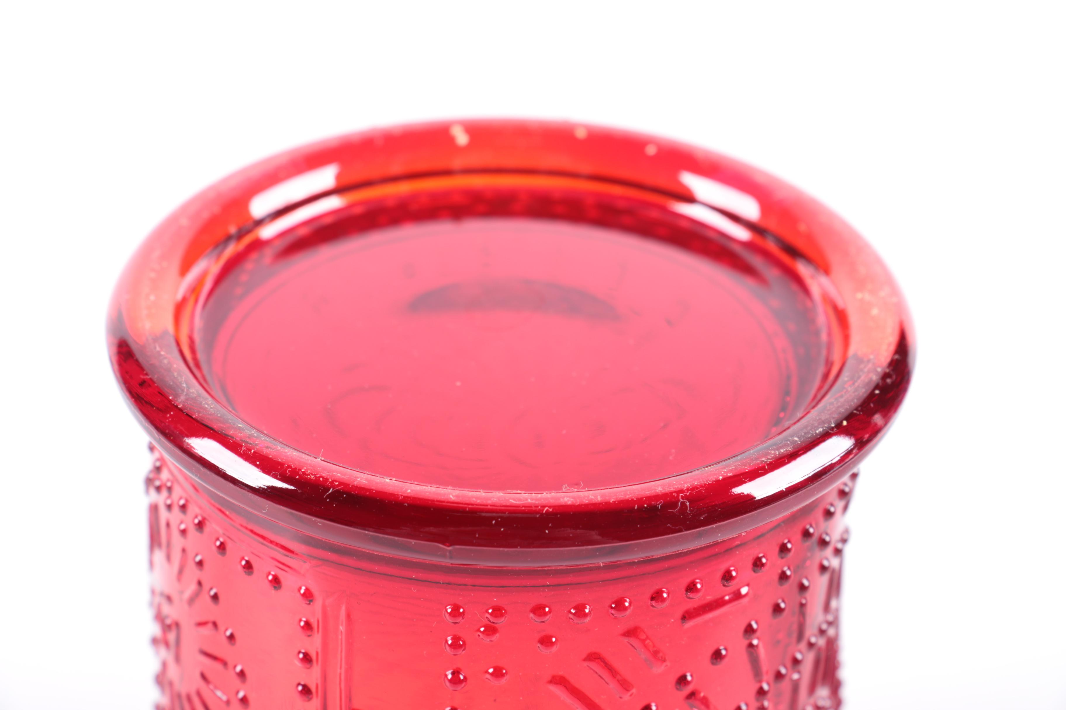 Assorted Colored Red Glass Candle Holders, Lantern, and Vase