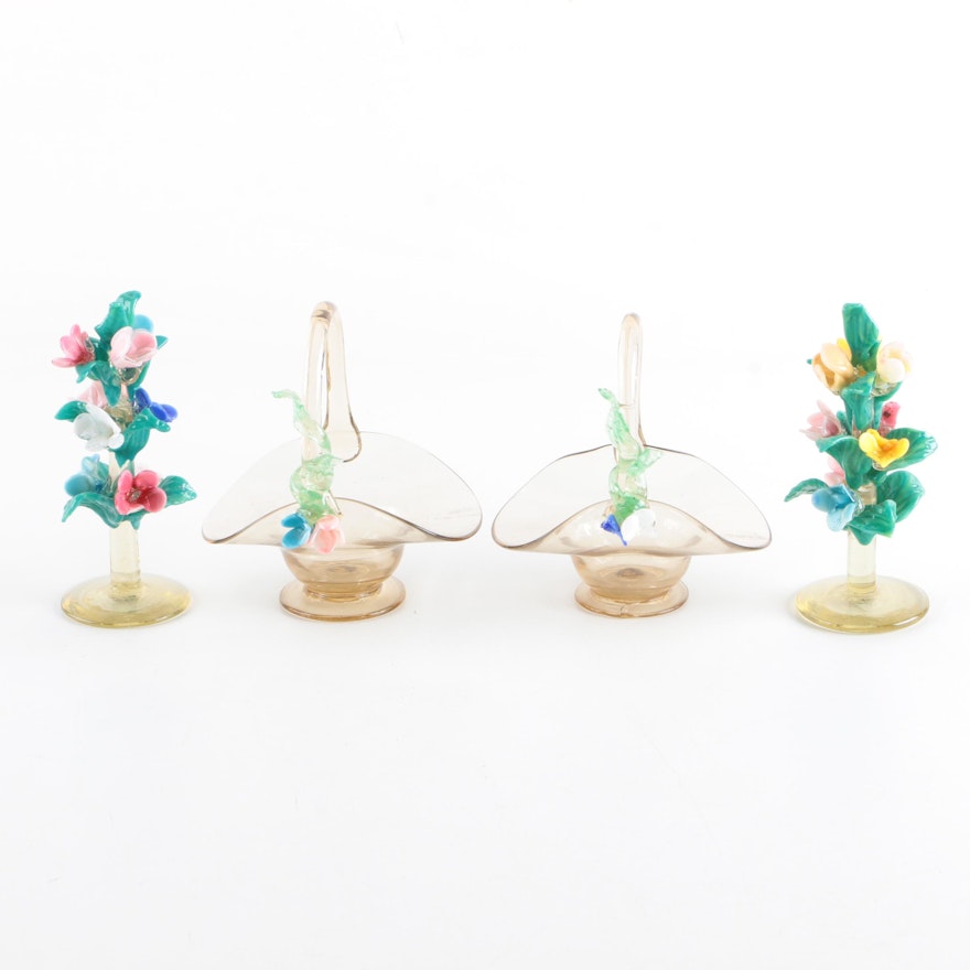 1920s Venetian Glass Floral Sculptures and Baskets