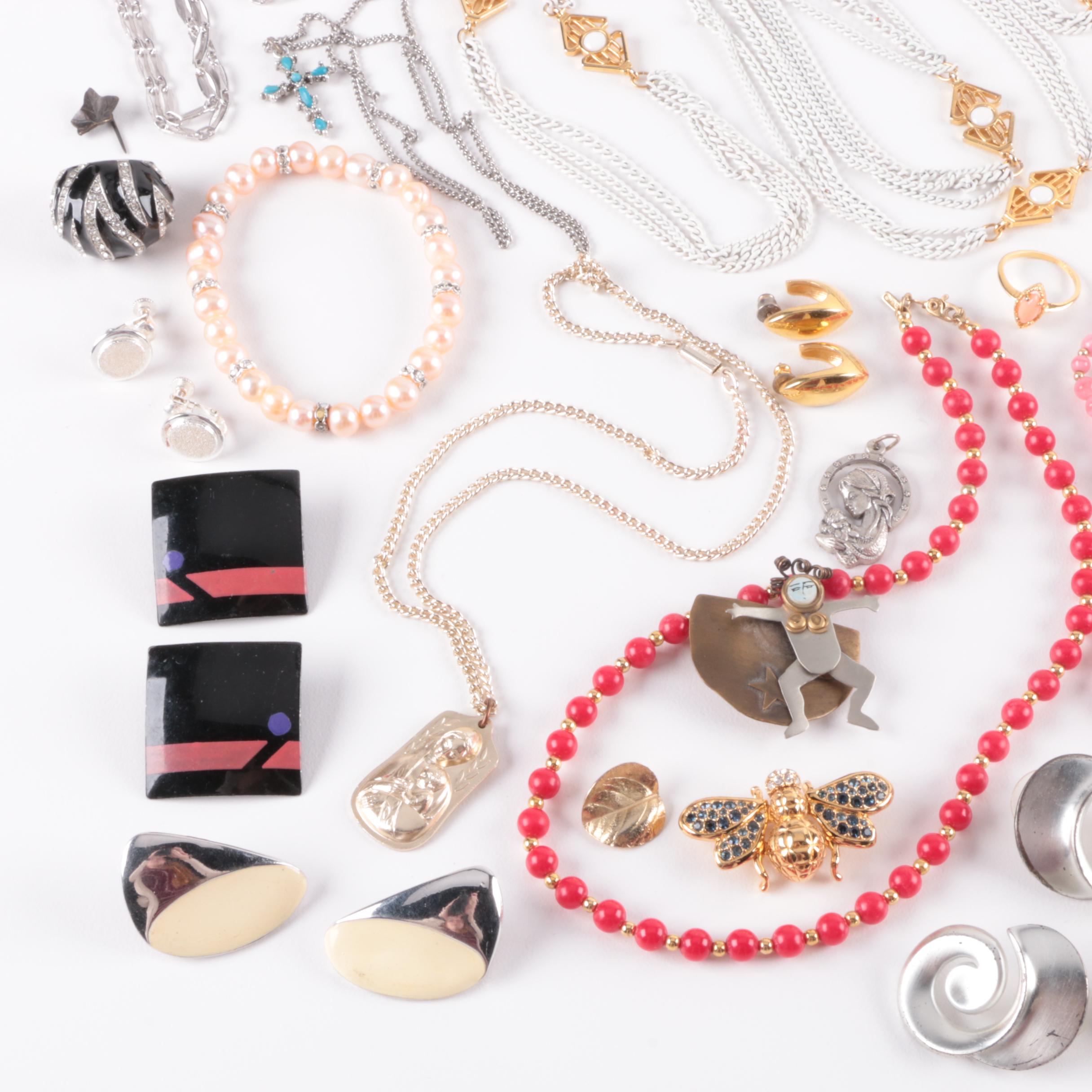 Silver and Gold Tone Jewelry Assortment Including Trifari and Alice Seely