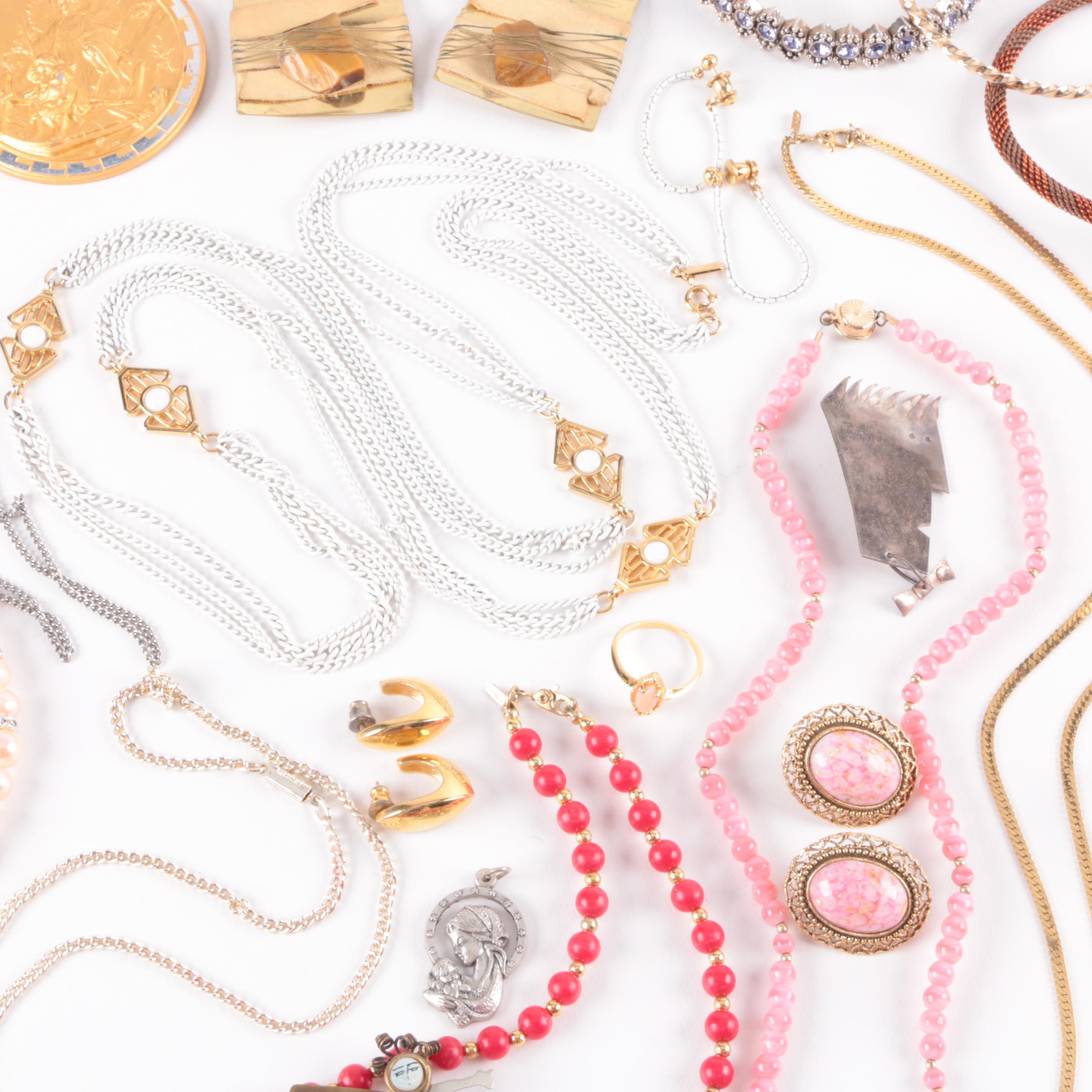 Silver and Gold Tone Jewelry Assortment Including Trifari and Alice Seely