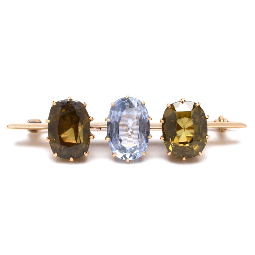 Antique 14K Yellow Gold Sapphire and Zircon Pin