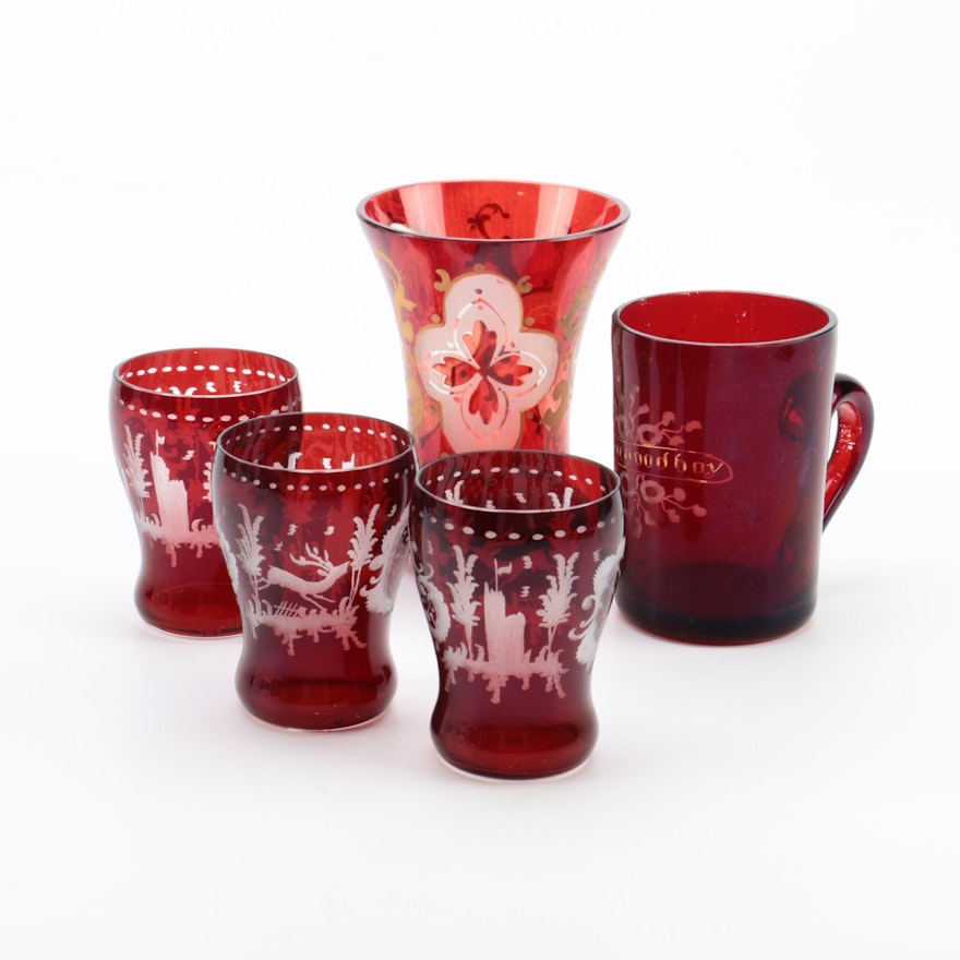Cranberry Cut to Clear Glassware and Vase