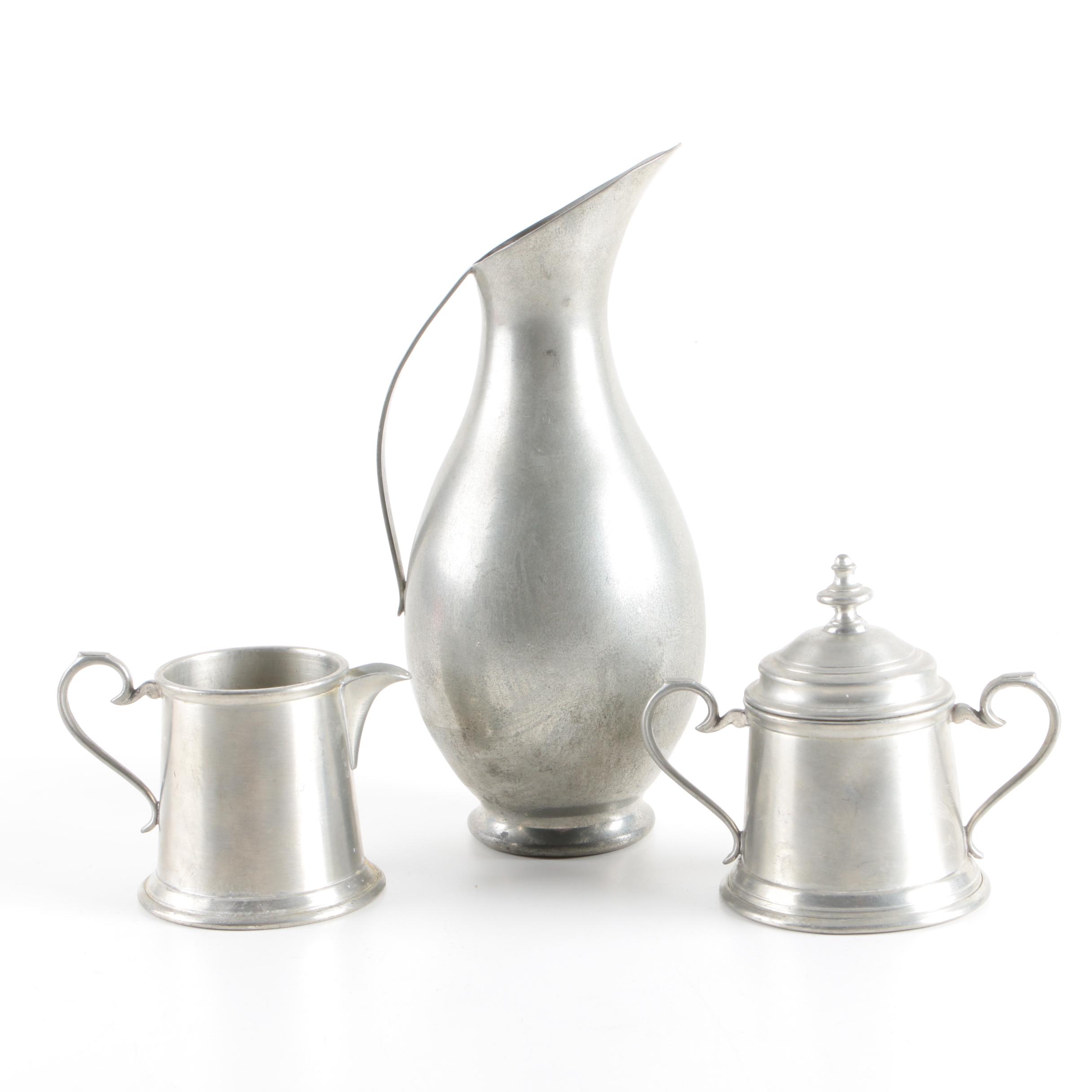 Royal Holland Pewter Pitcher with Leonard English Pewter Creamer and Sugar Bowl