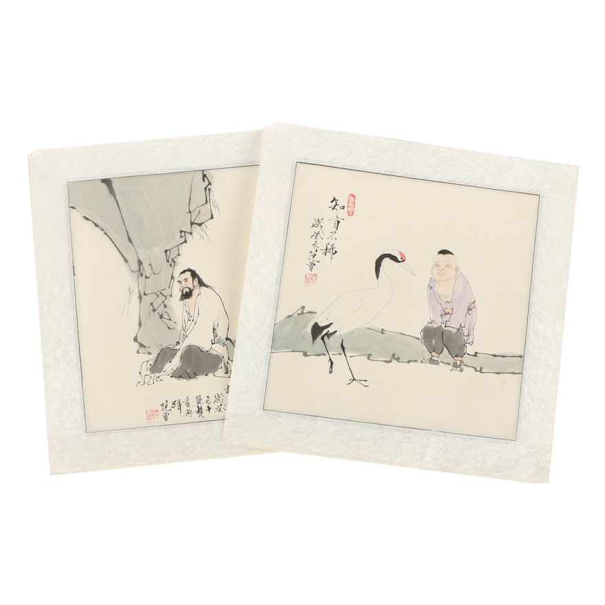 Chinese Hand-Colored Lithographs of Man and Boy with Red Crowned Crane
