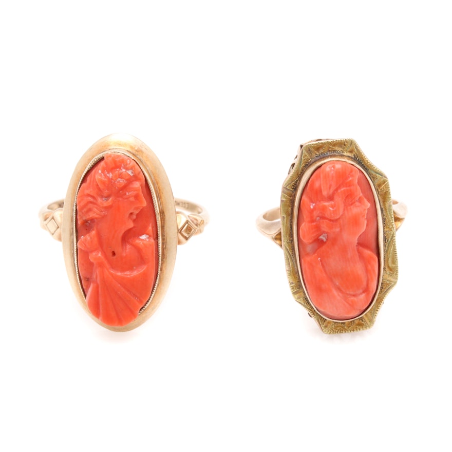 Victorian Style 10K Yellow Gold  Coral Cameo Rings