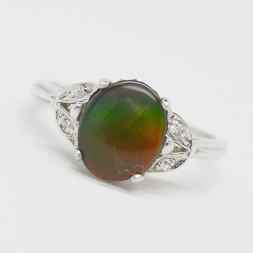 10K White Gold Ammolite Triplet and Diamond Ring