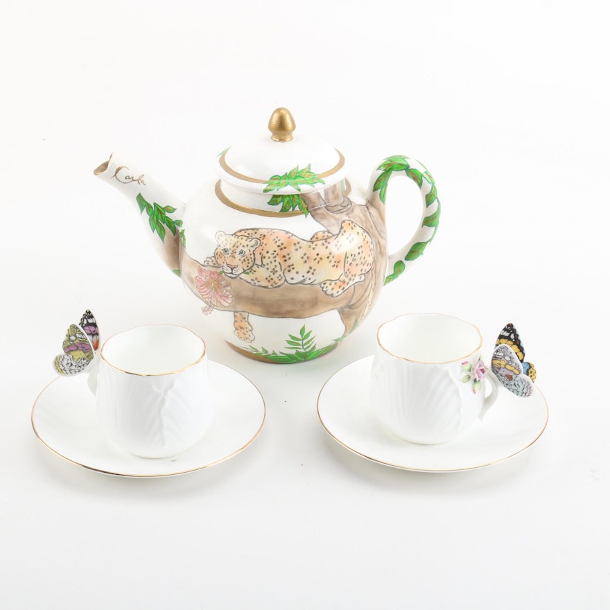 Enesco "Maruri Masterpiece" Teacups and Saucers with Hand Painted Teapot