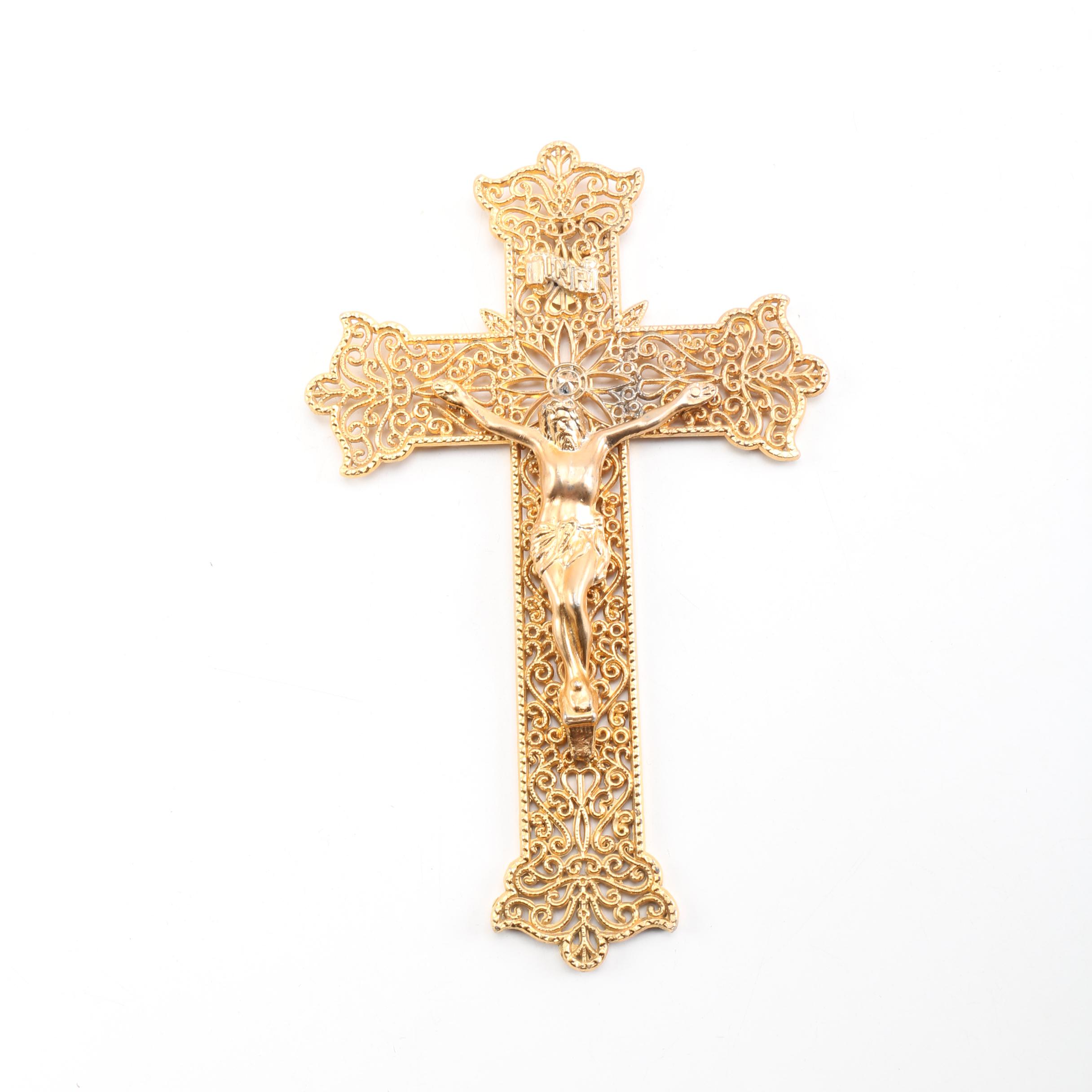 Ornate Gold Tone Metal Wall Crucifix
