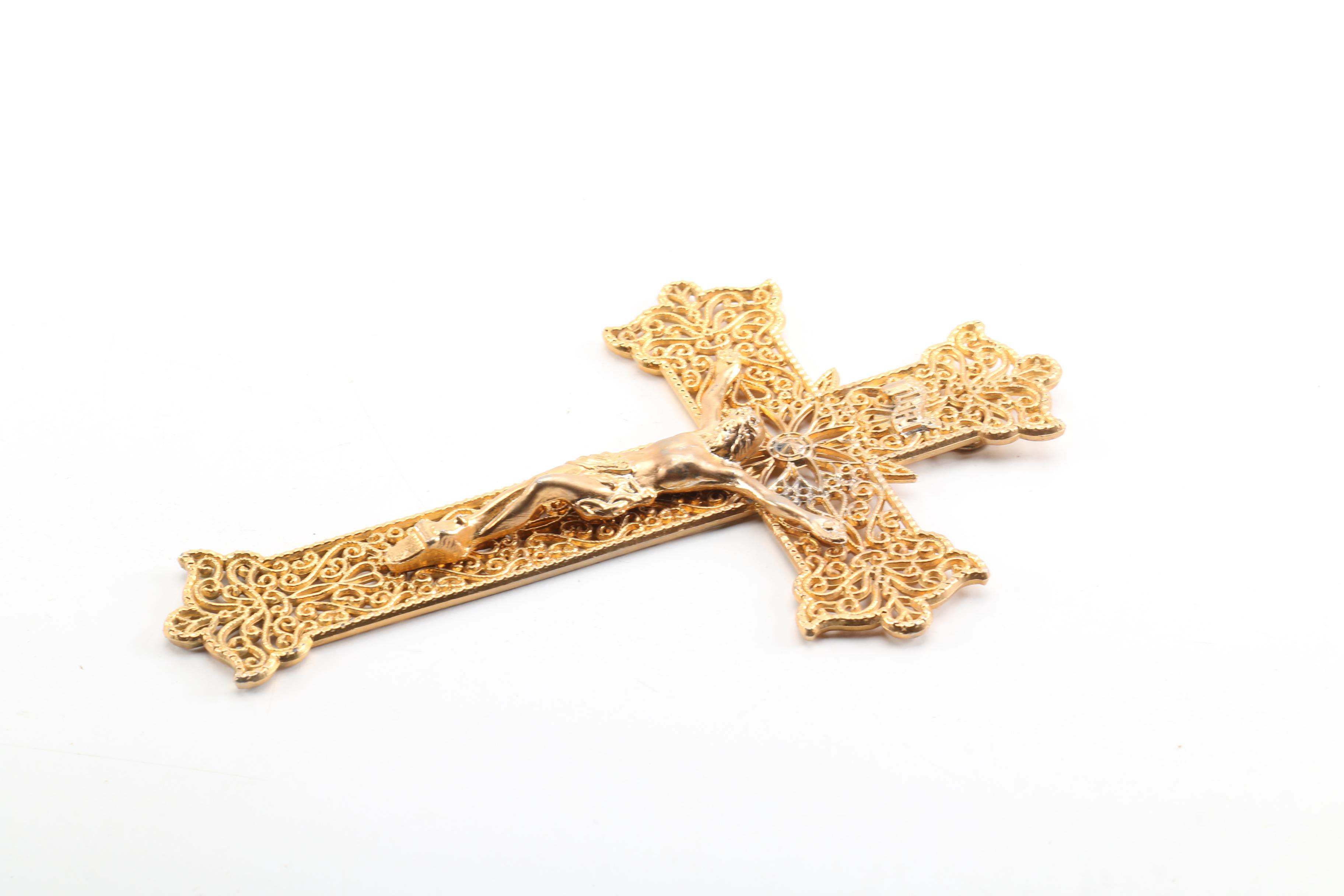 Ornate Gold Tone Metal Wall Crucifix