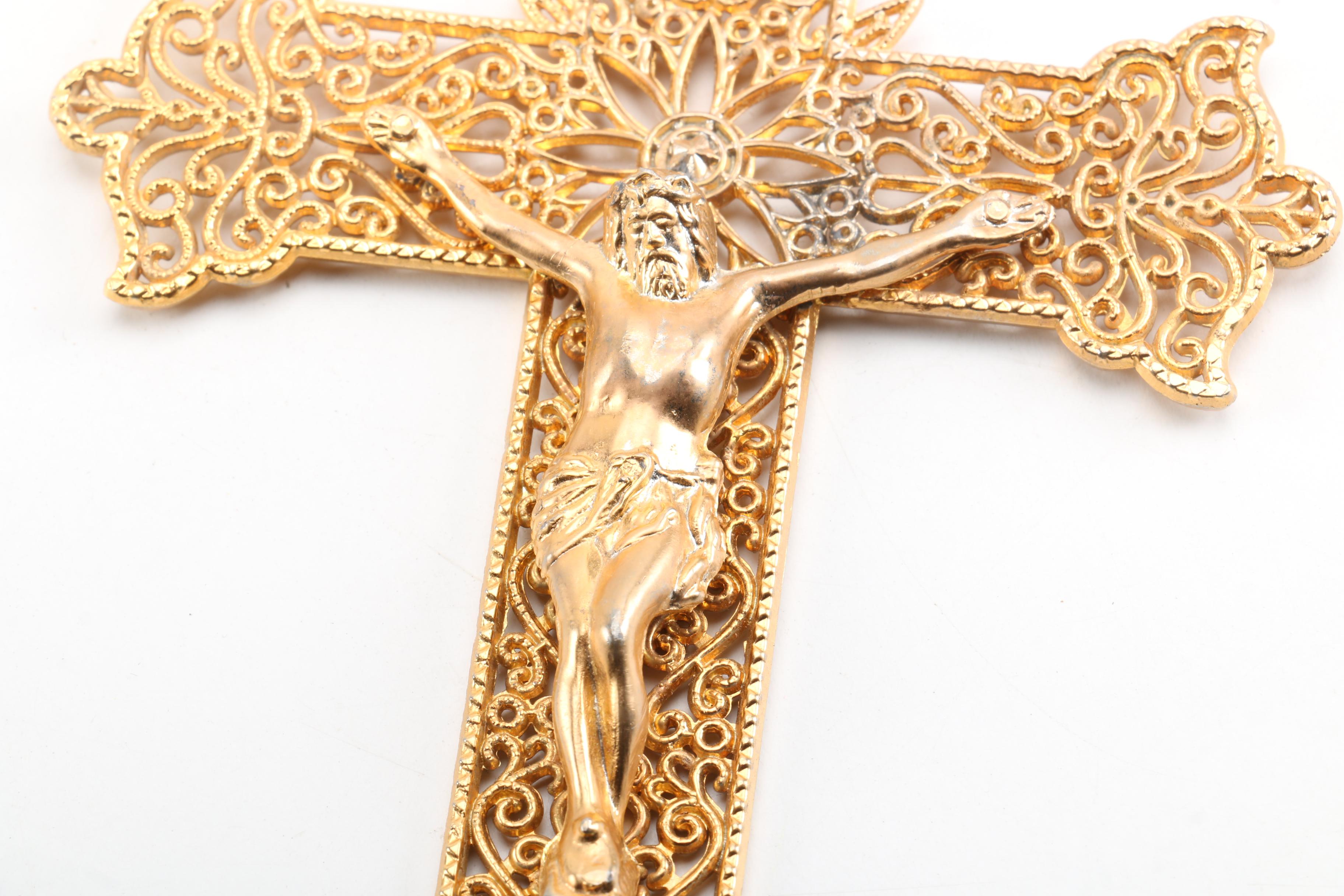 Ornate Gold Tone Metal Wall Crucifix