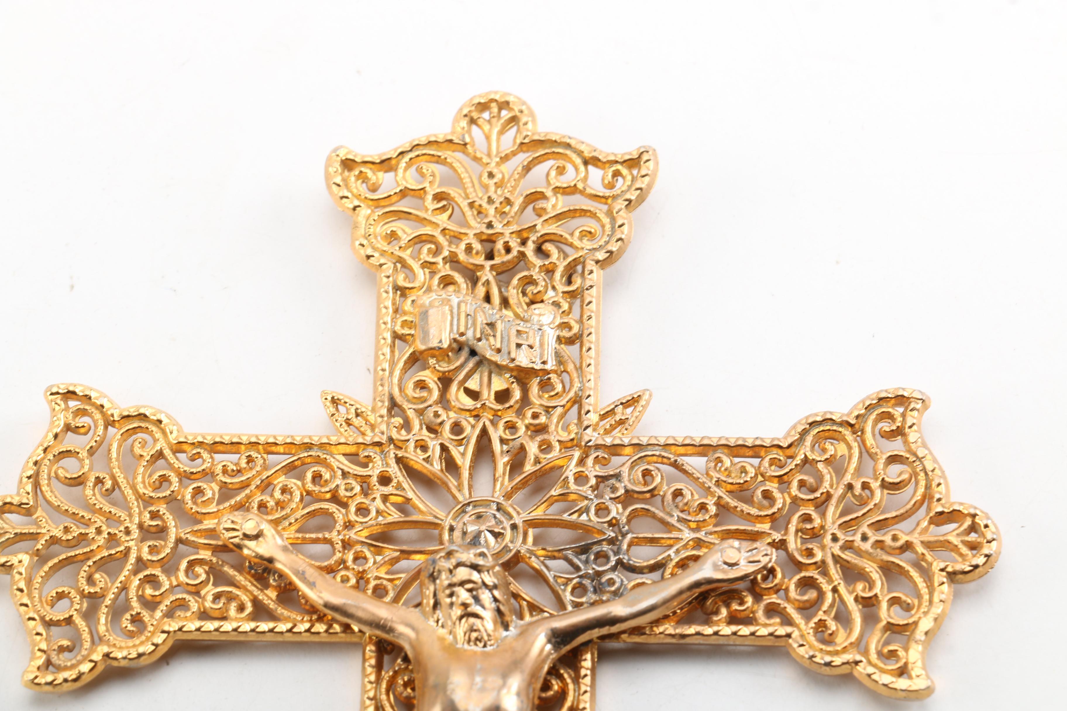 Ornate Gold Tone Metal Wall Crucifix