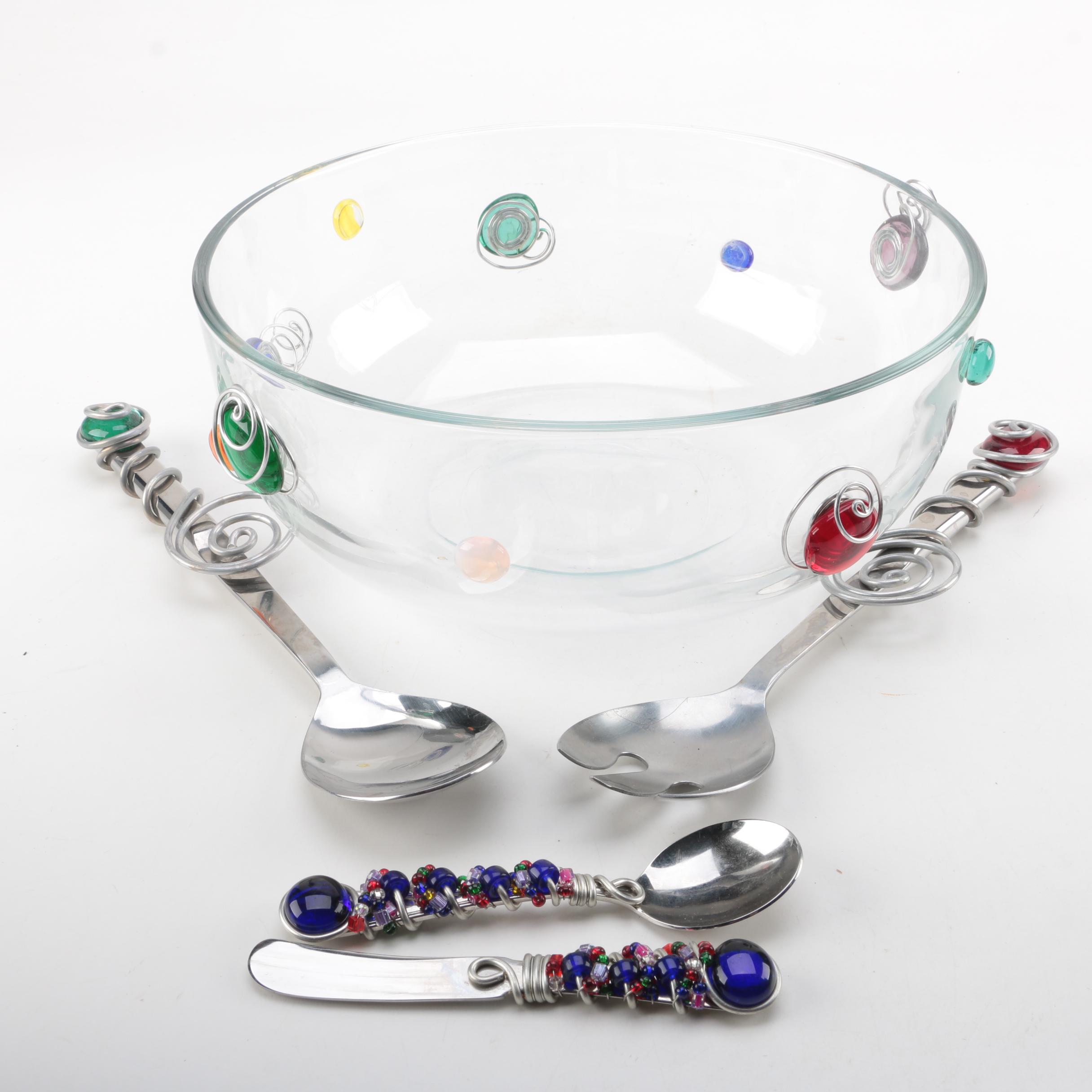 Winco Glass Salad Bowl and Utensils with Colorful Glass Accents