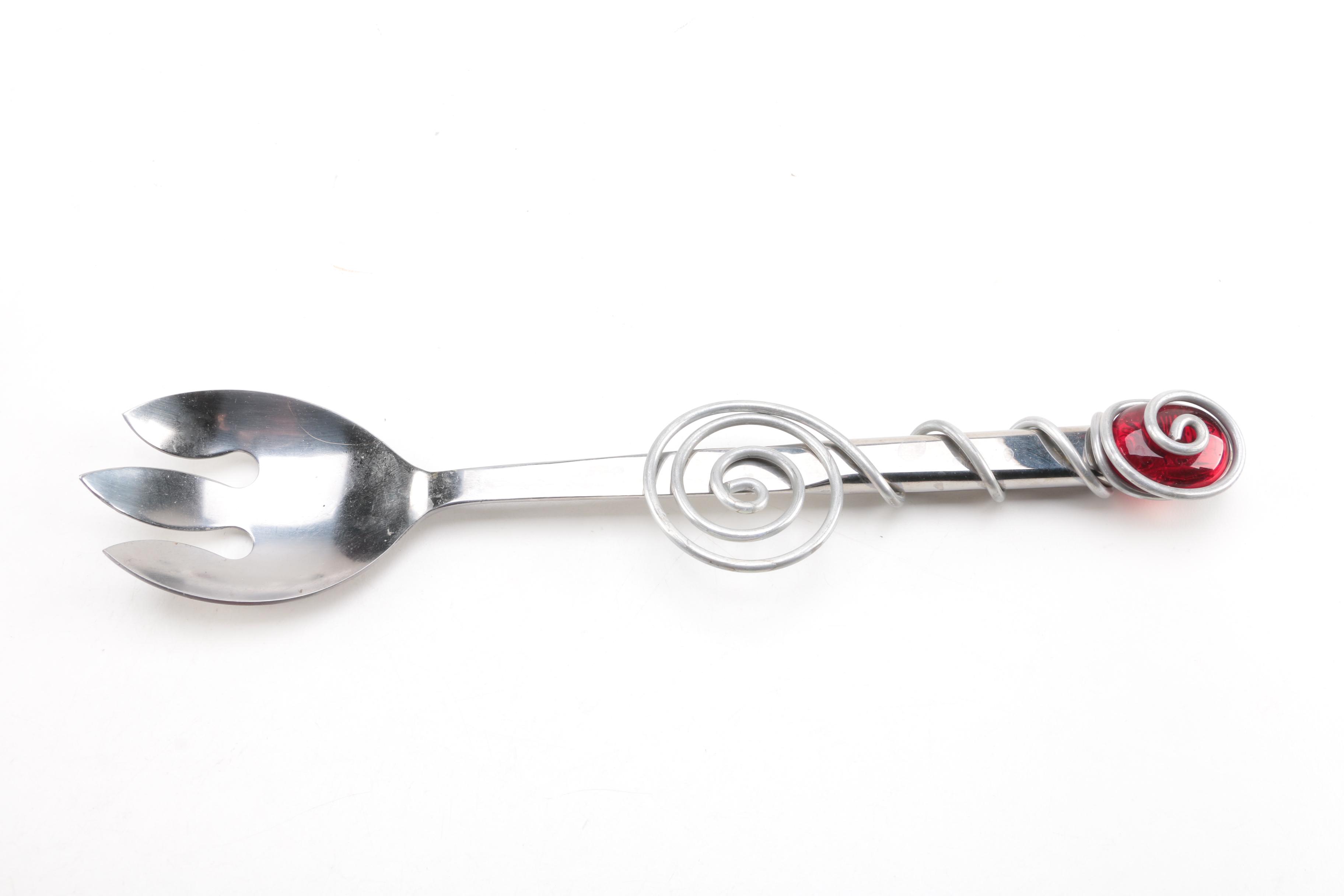 Winco Glass Salad Bowl and Utensils with Colorful Glass Accents