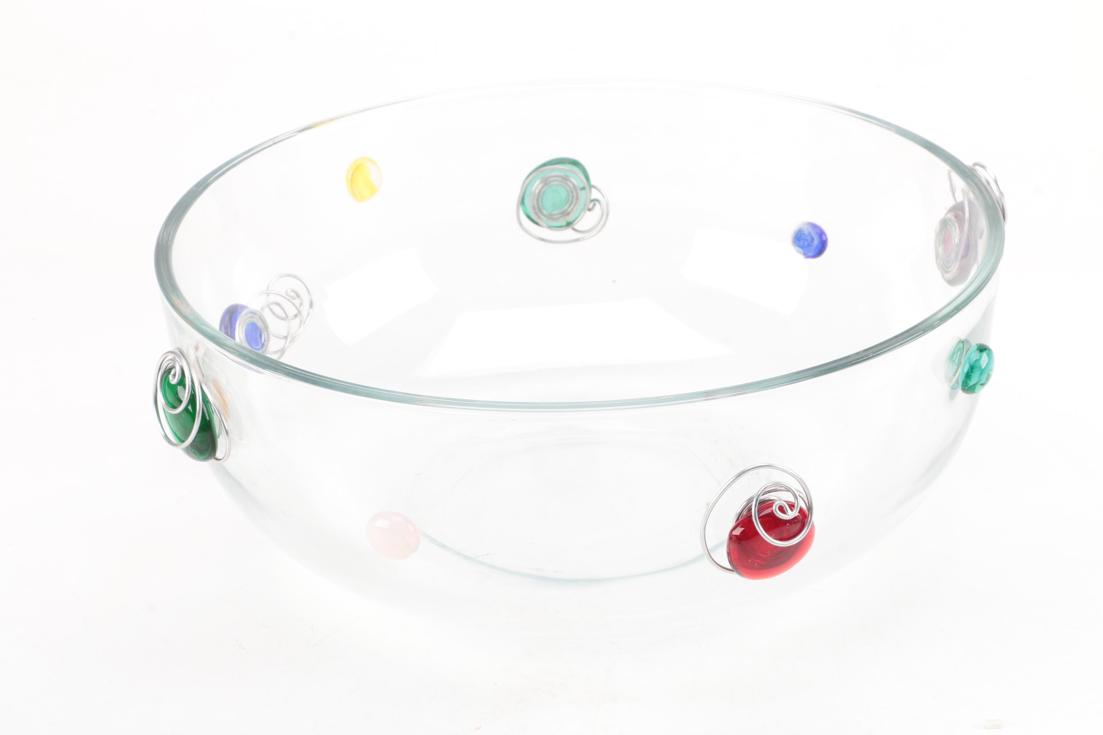 Winco Glass Salad Bowl and Utensils with Colorful Glass Accents