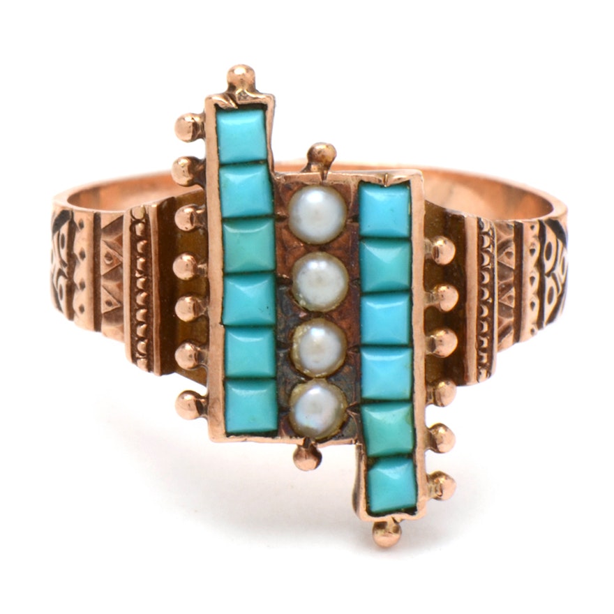 Victorian 10K Yellow Gold Ring with Turquoise and Seed Pearls