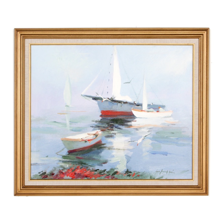 Oil Painting of Boats on a Harbor