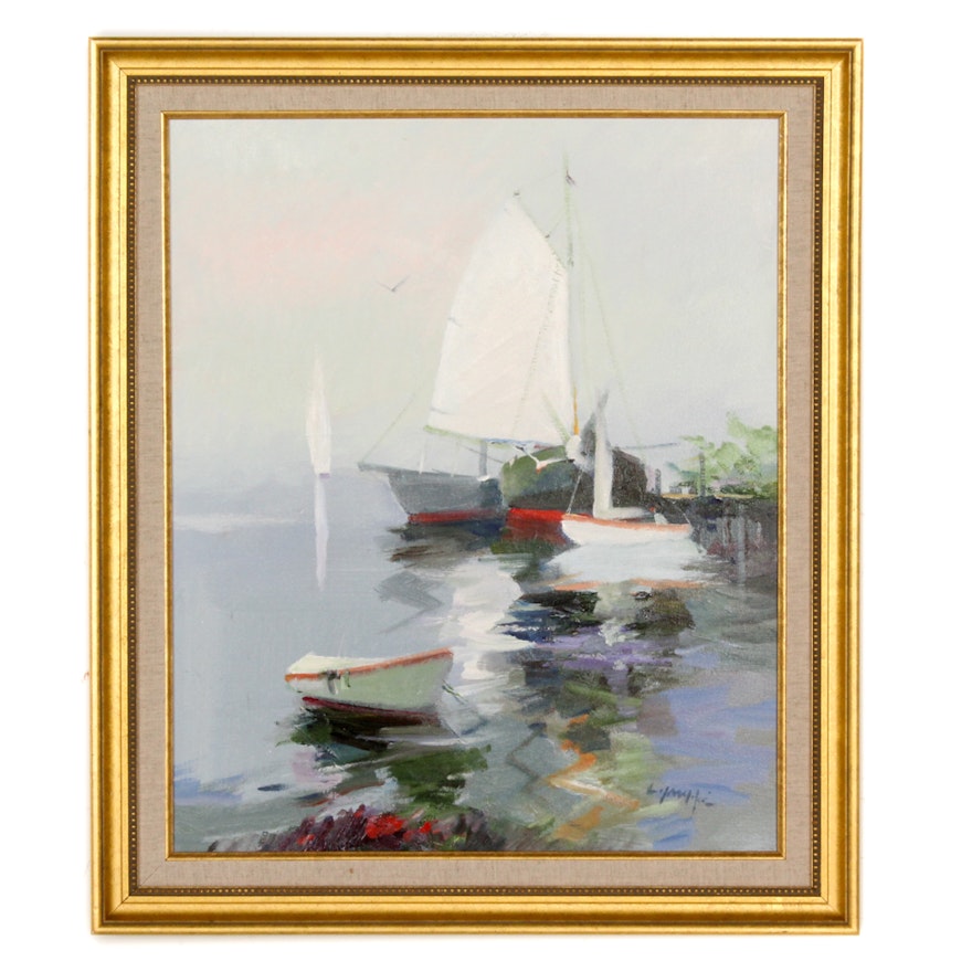 Framed Oil on Canvas of Boats in Harbor