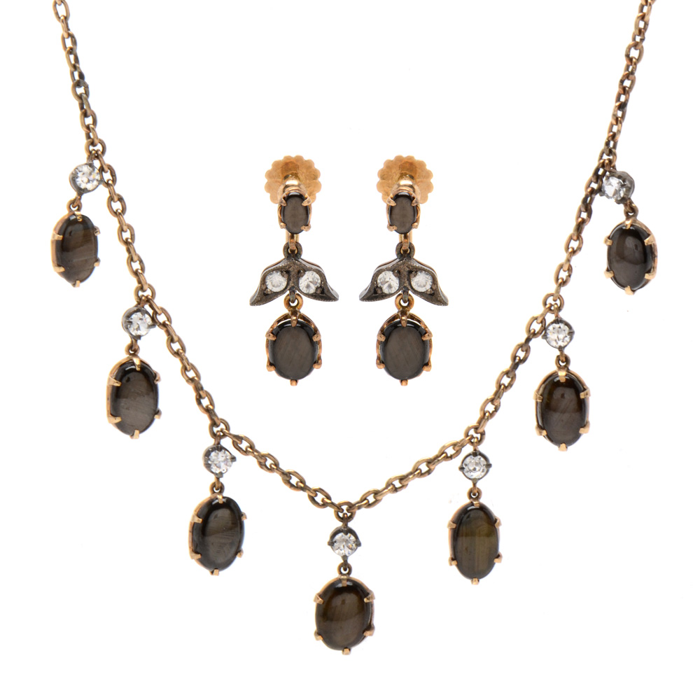 Victorian 14K Yellow Gold Black Star Sapphire Necklace and Coordinating Earrings