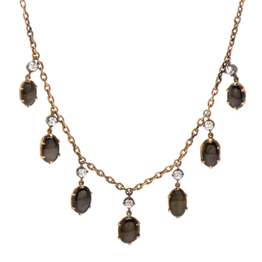 Victorian 14K Yellow Gold Black Star Sapphire Necklace and Coordinating Earrings