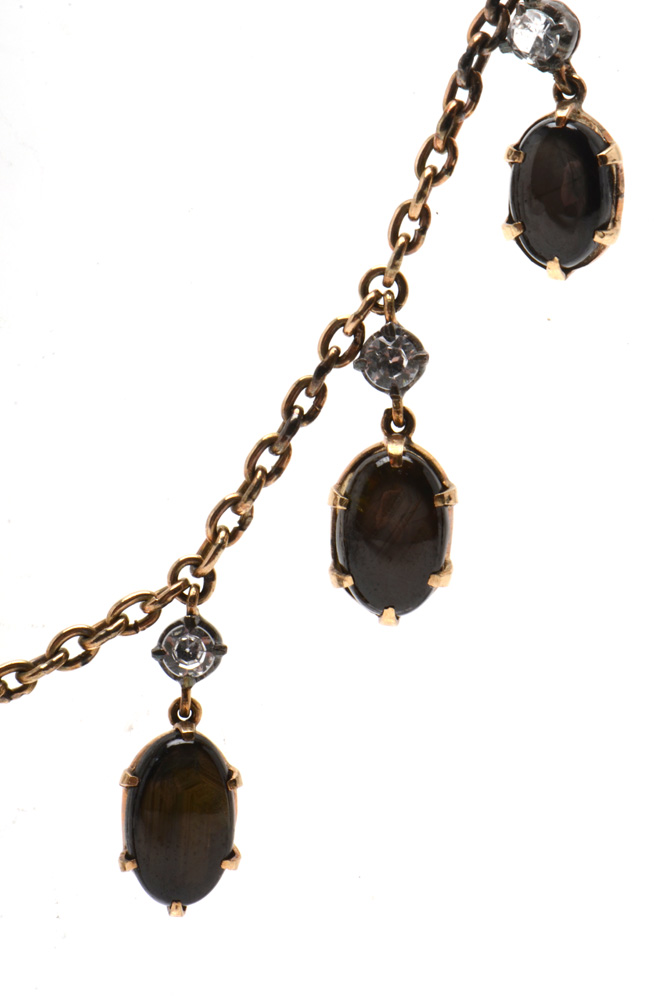 Victorian 14K Yellow Gold Black Star Sapphire Necklace and Coordinating Earrings