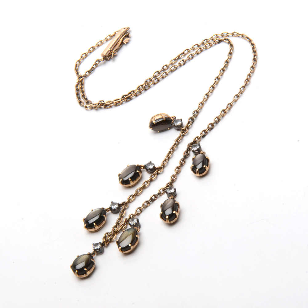 Victorian 14K Yellow Gold Black Star Sapphire Necklace and Coordinating Earrings