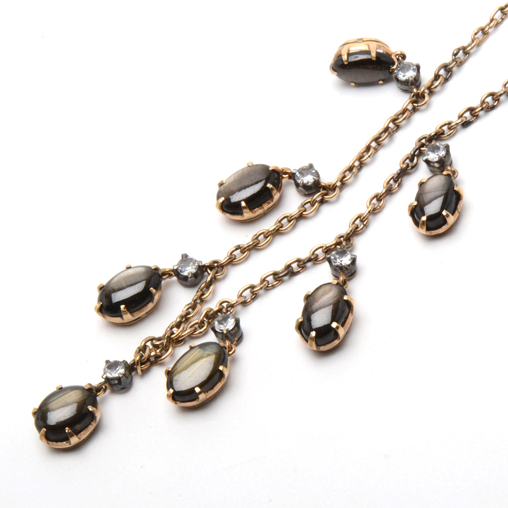 Victorian 14K Yellow Gold Black Star Sapphire Necklace and Coordinating Earrings