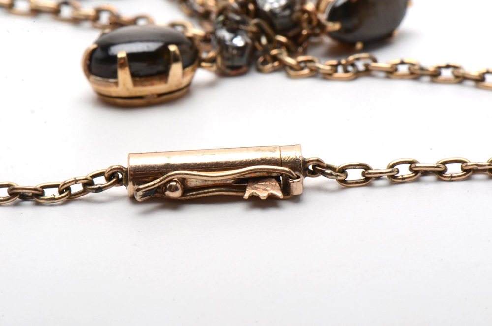 Victorian 14K Yellow Gold Black Star Sapphire Necklace and Coordinating Earrings