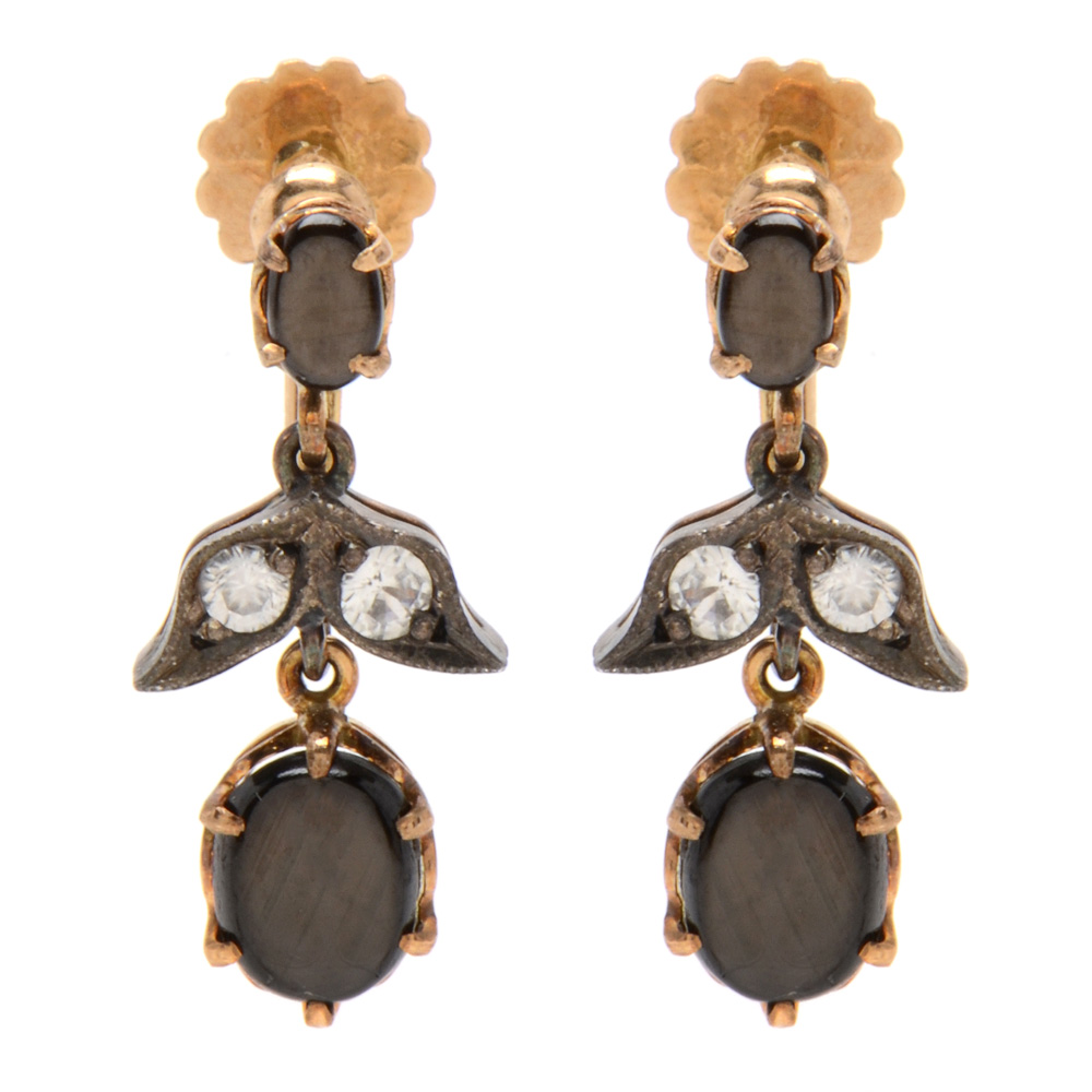 Victorian 14K Yellow Gold Black Star Sapphire Necklace and Coordinating Earrings