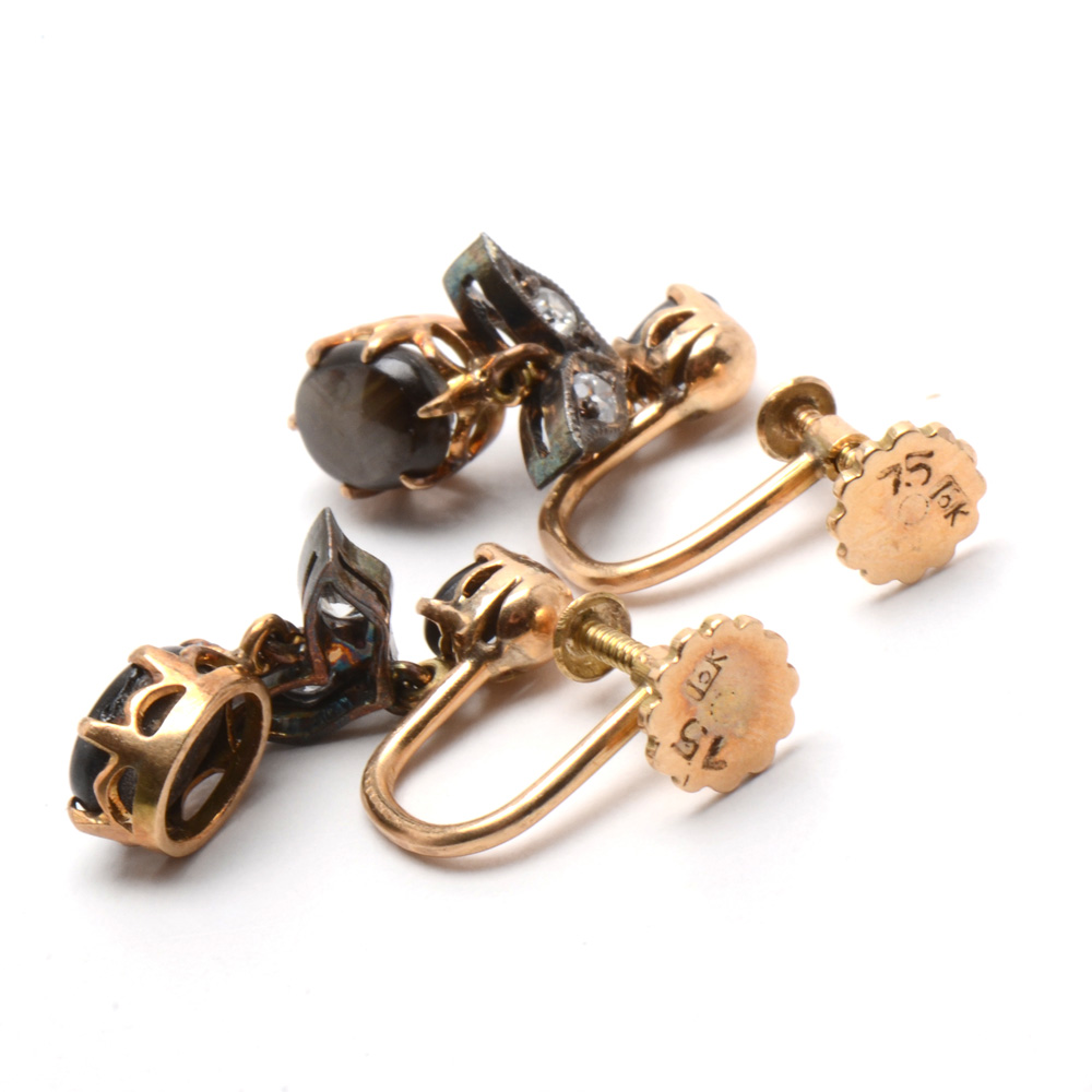 Victorian 14K Yellow Gold Black Star Sapphire Necklace and Coordinating Earrings