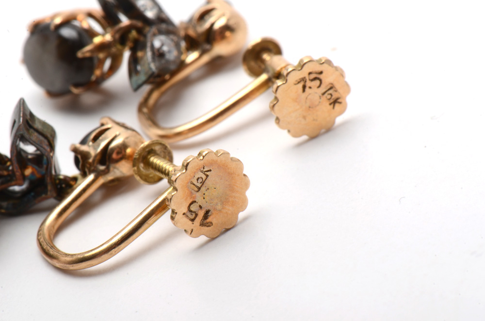 Victorian 14K Yellow Gold Black Star Sapphire Necklace and Coordinating Earrings