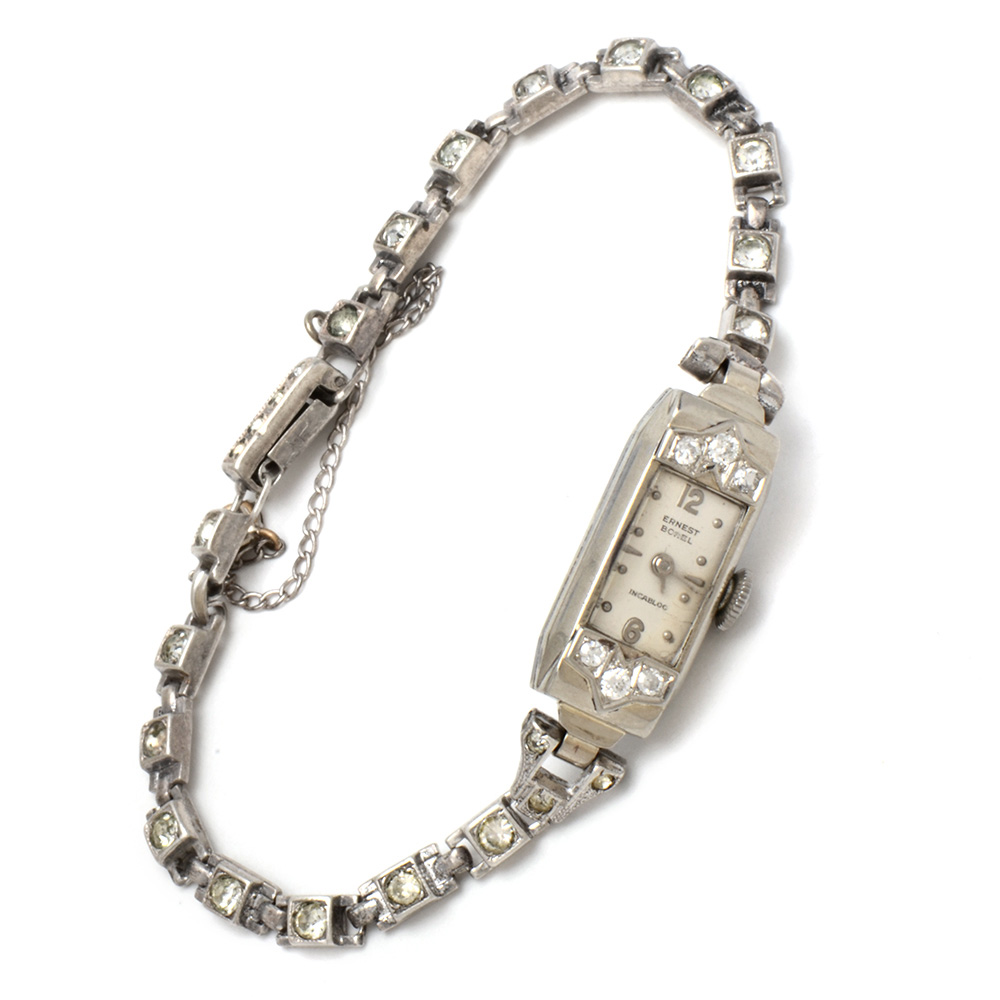 14K White Gold and Diamond Case Ernest Borel Incabloc Swiss Watch Sterling Band